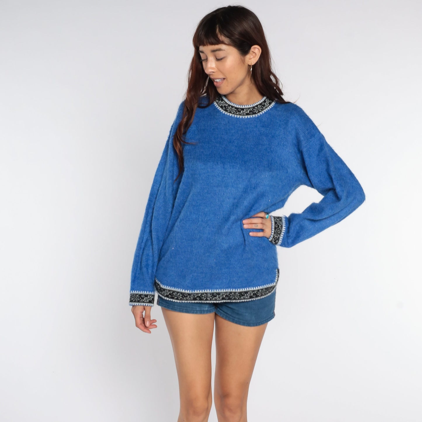 80s Blue Ringer Knit Sweater Nordic Trim Pullover Medium