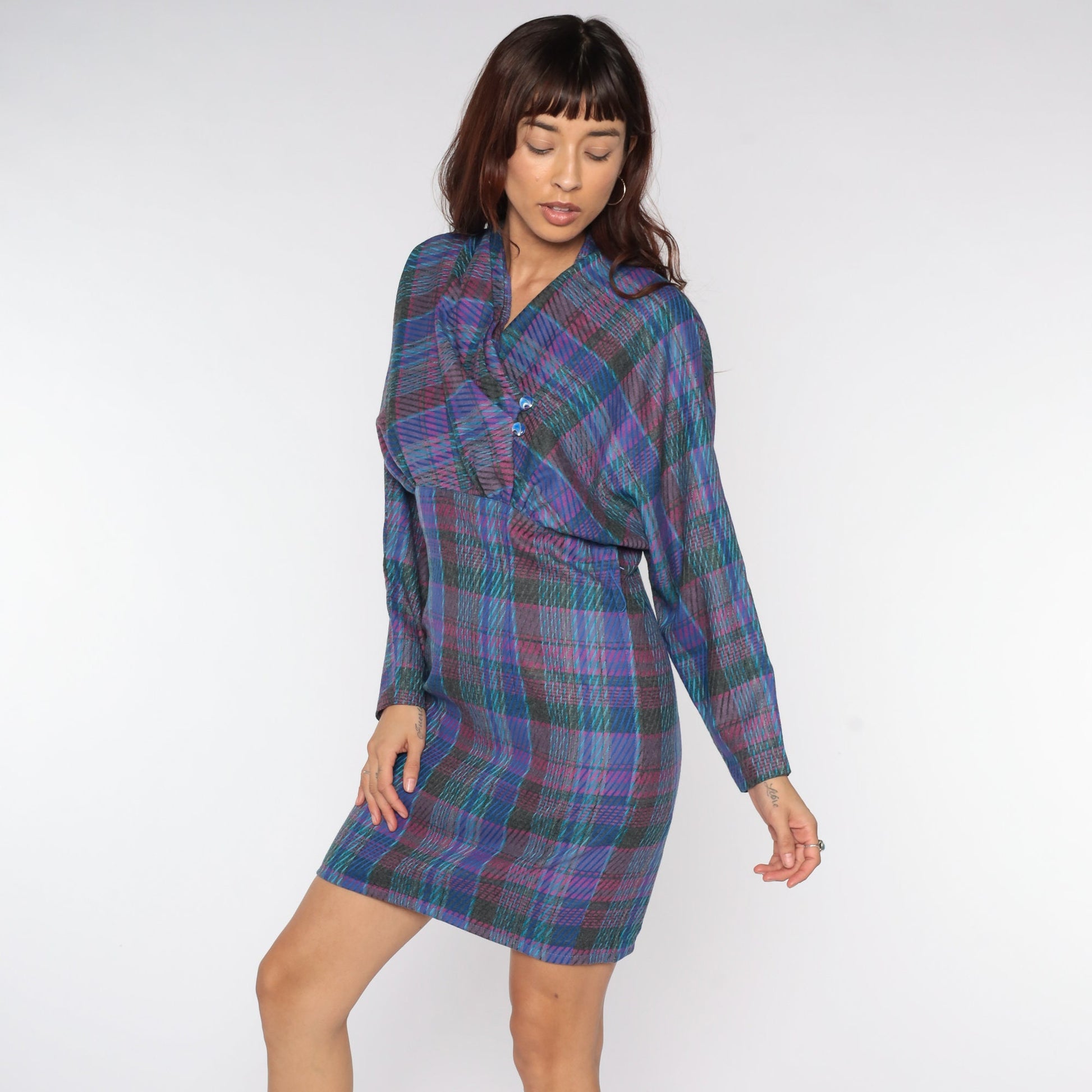1970s Purple Plaid Mini Dress V-Neck Dolman Sleeve Pencil Skirt Medium
