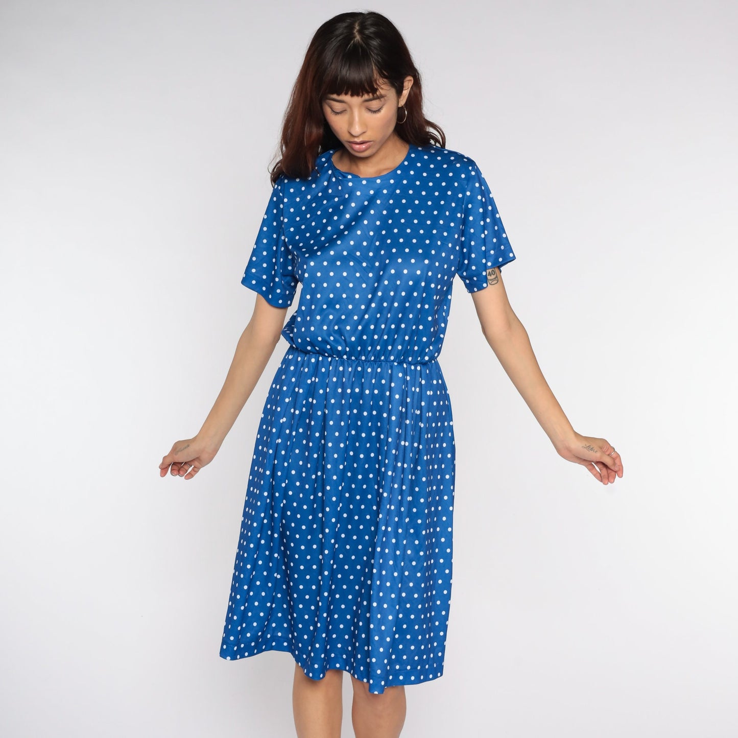 Y2K Blue Polka Dot Midi Dress High Waisted Short Sleeve Flared Large L