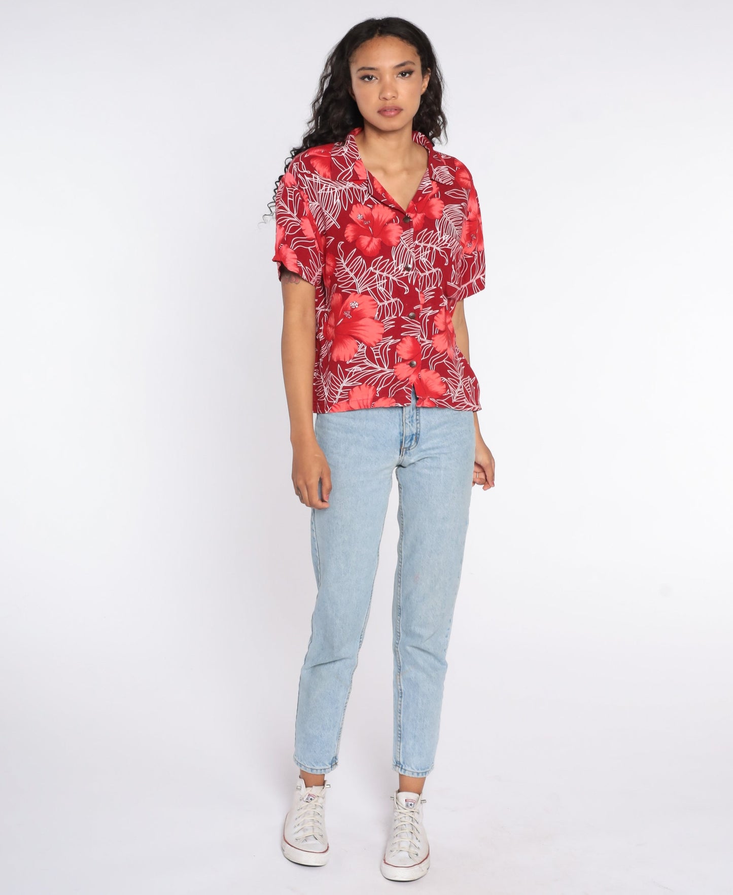 80s Red Hawaiian Floral Shirt Button Up Tropical Blouse Large L