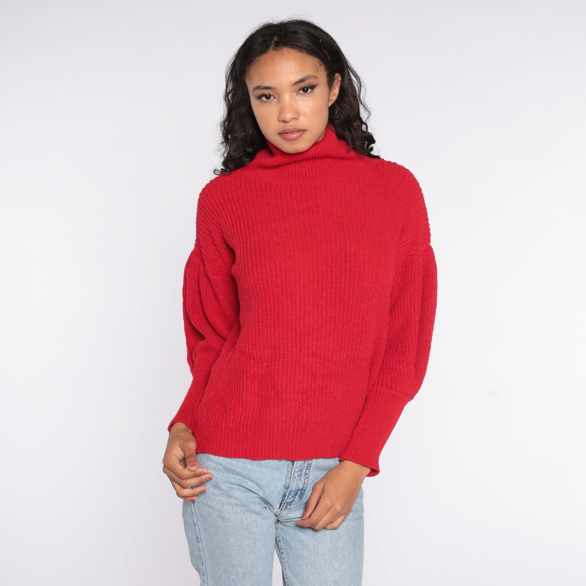 80s Red Mock Neck Balloon Sleeve Knit Sweater Medium