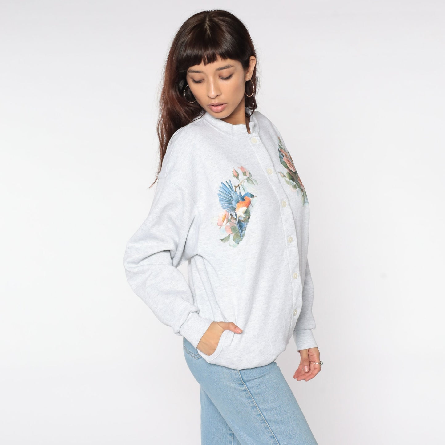 90s Floral Bird Cardigan Sweatshirt Light Grey Button-Up Large
