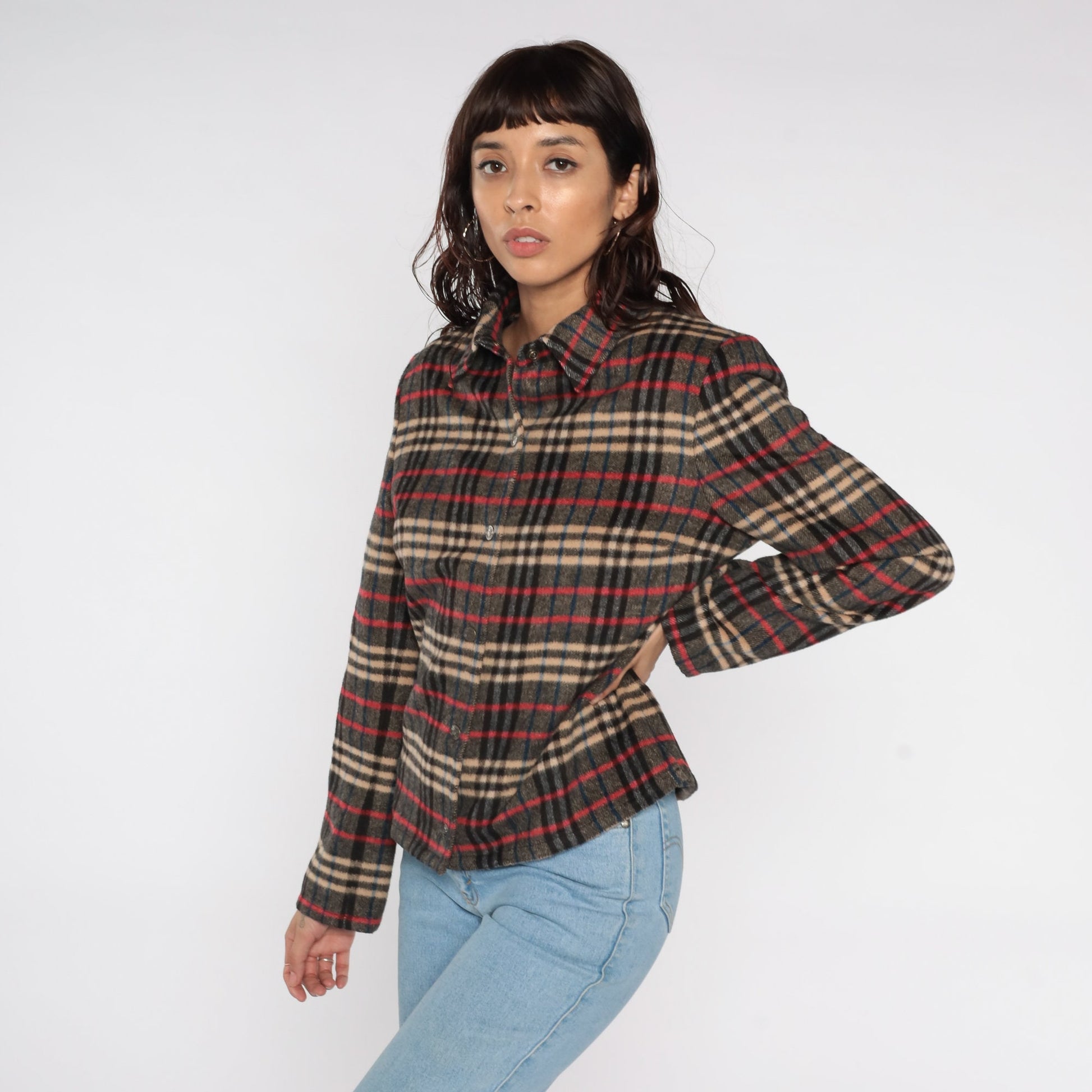 90s Evan Picone Plaid Wool Jacket Red Grey Button Up Medium