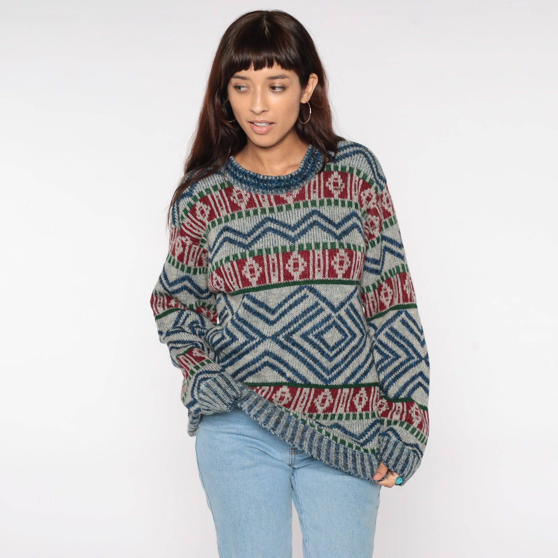 80s Geometric Wool Knit Sweater Grey Blue Red Striped Abstract Small Medium