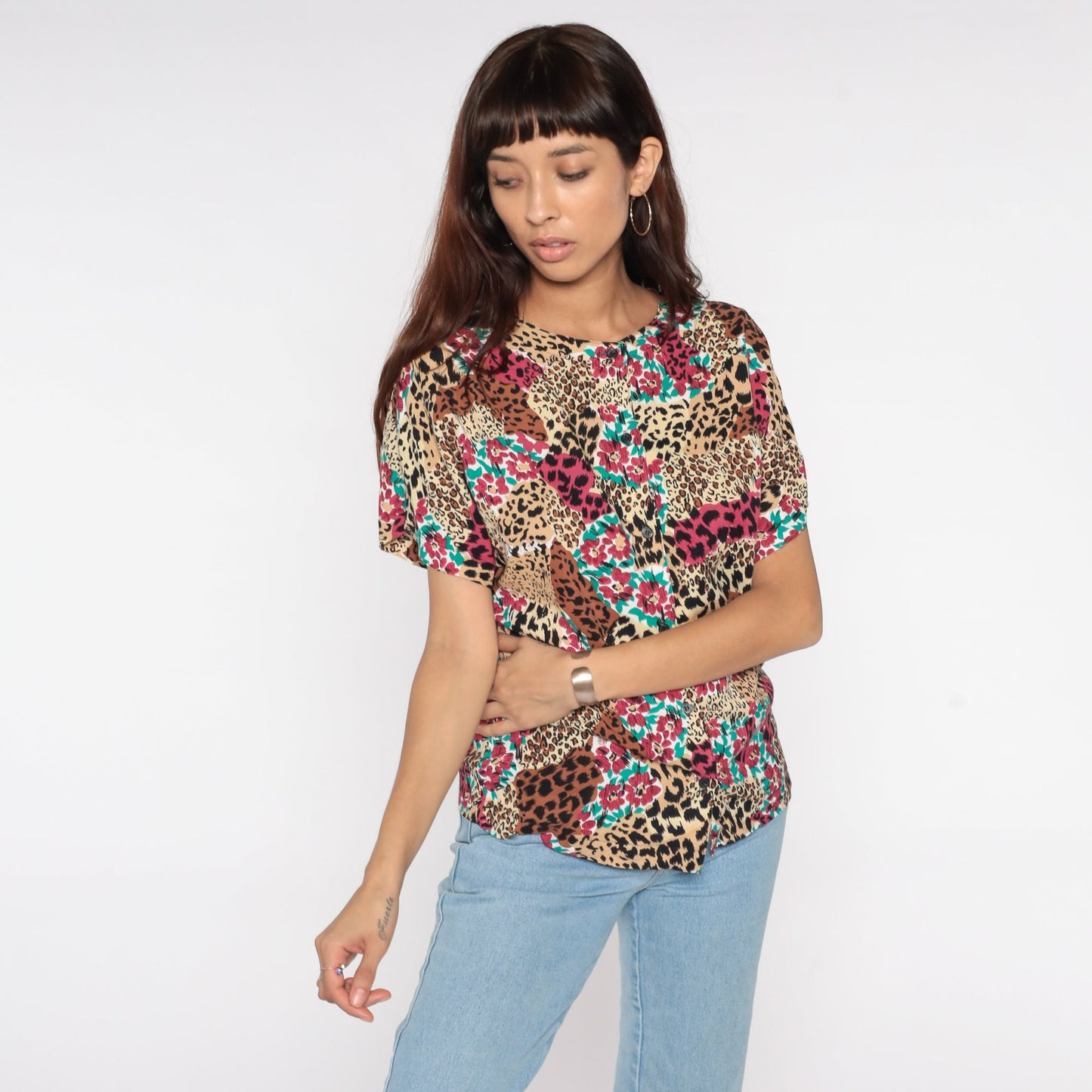 90s Leopard Floral Print Button-Up Blouse Short Sleeve Medium