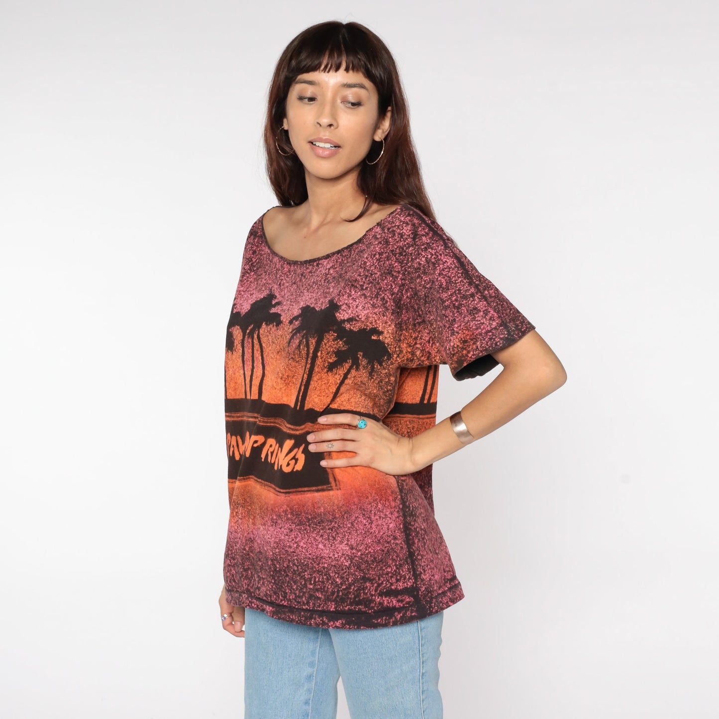 90s Palm Springs California Sunset Graphic T-Shirt Orange Pink Large