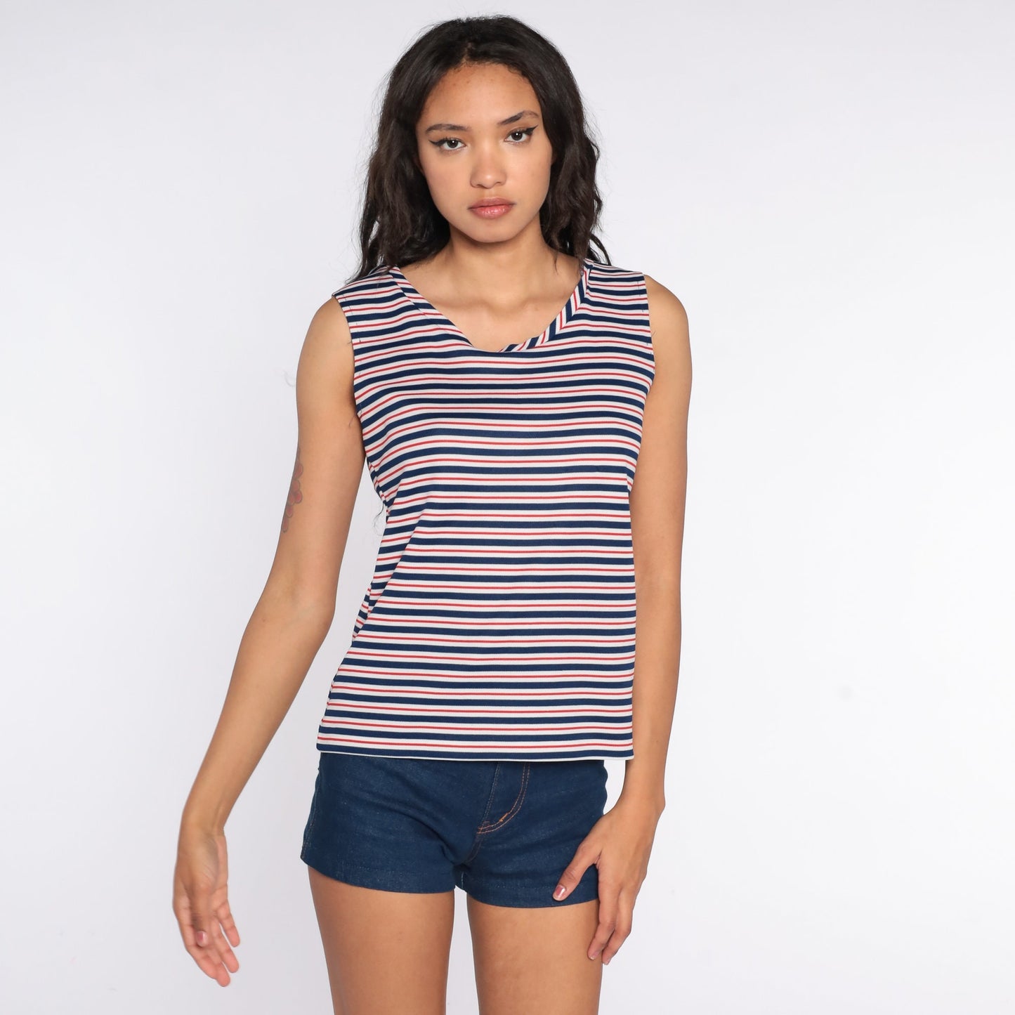 70s Striped Tank Top Red White Blue Sleeveless Shirt Medium