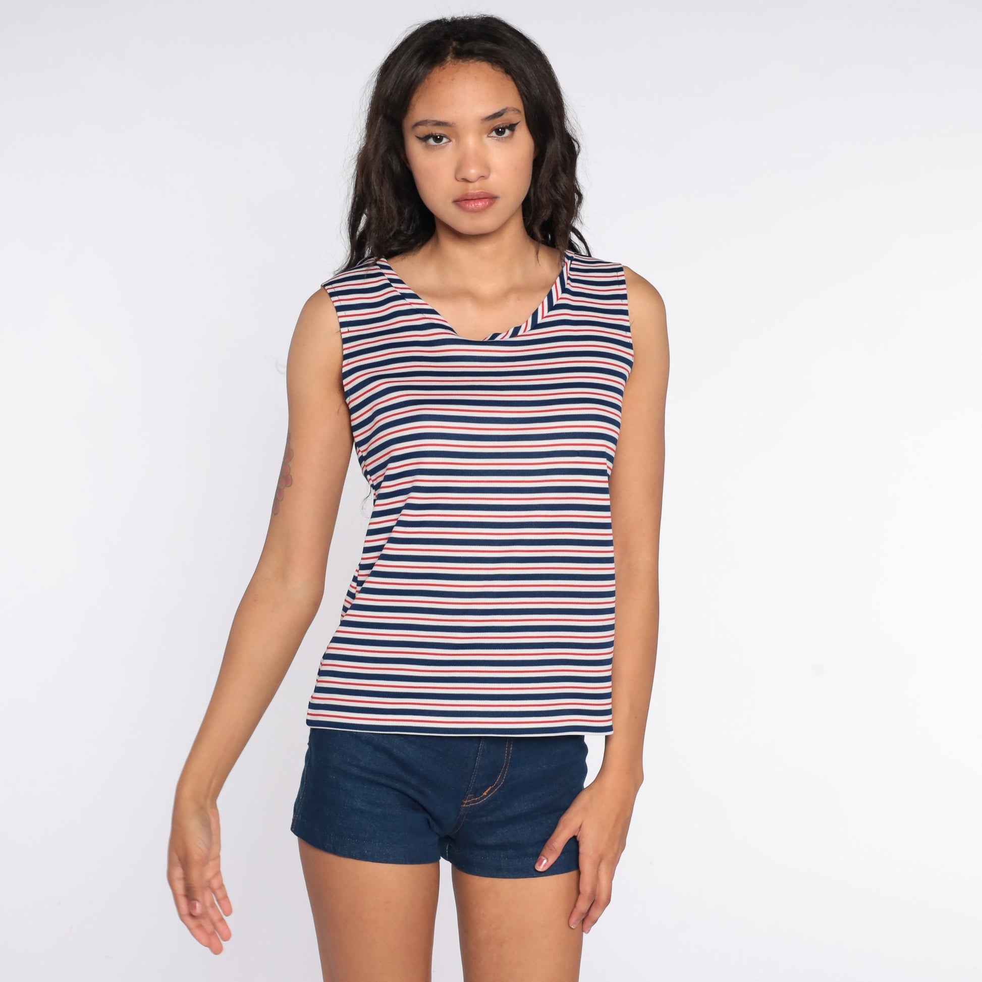 70s Striped Tank Top Red White Blue Sleeveless Shirt Medium