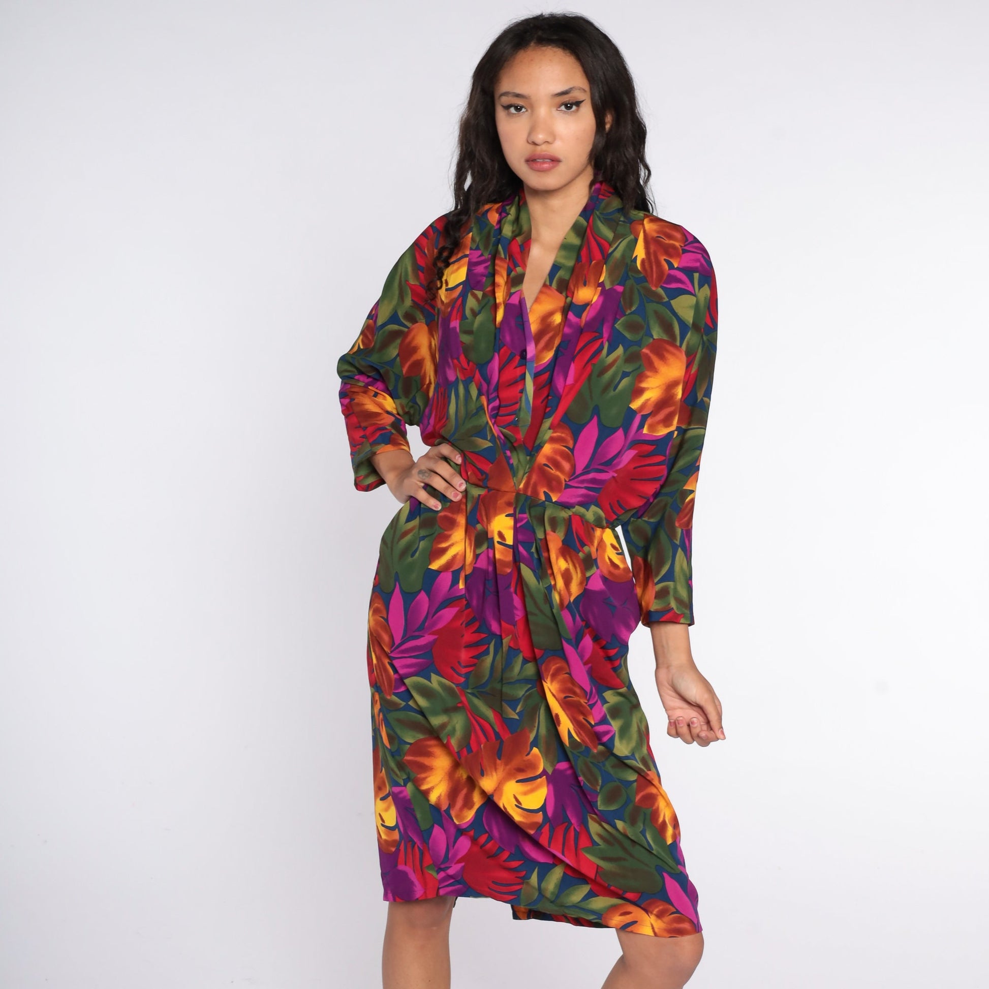 90s Tropical Floral Midi Dress Dolman Sleeve Purple High Waist Large 14