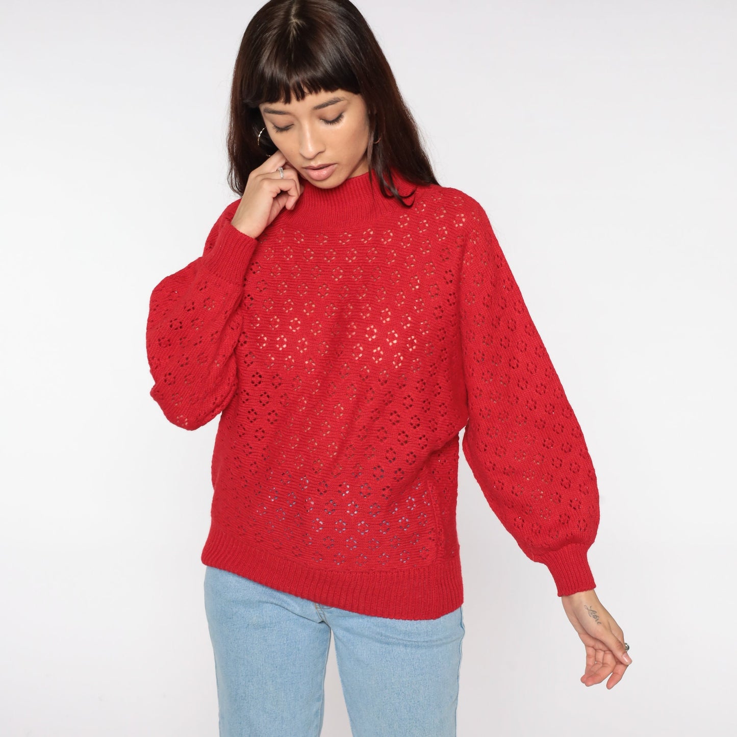 80s Red Crochet Sweater Dolman Sleeve Mock Neck Sheer Knit Medium