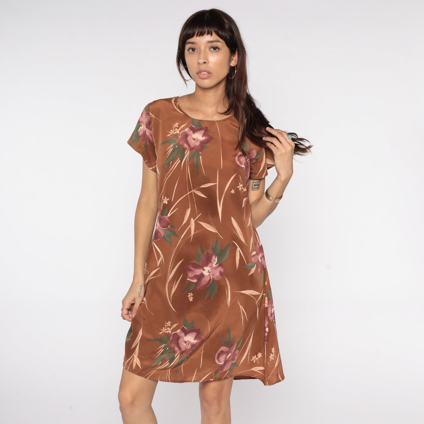 90s Brown Floral Mini Dress Shift Cut Short Sleeve Medium