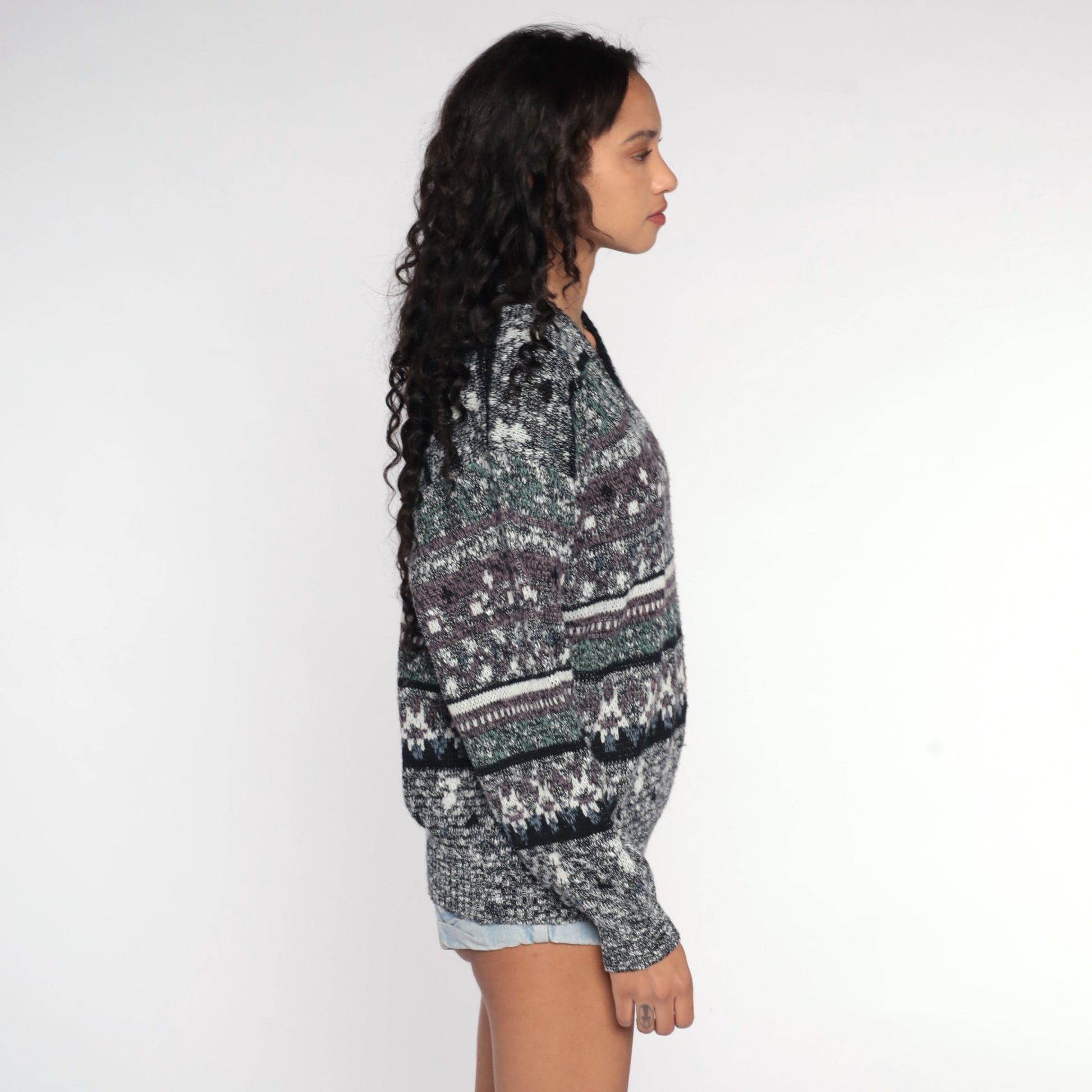 80s Geometric Flecked Grey Striped Knit Sweater V Neck Pullover Medium