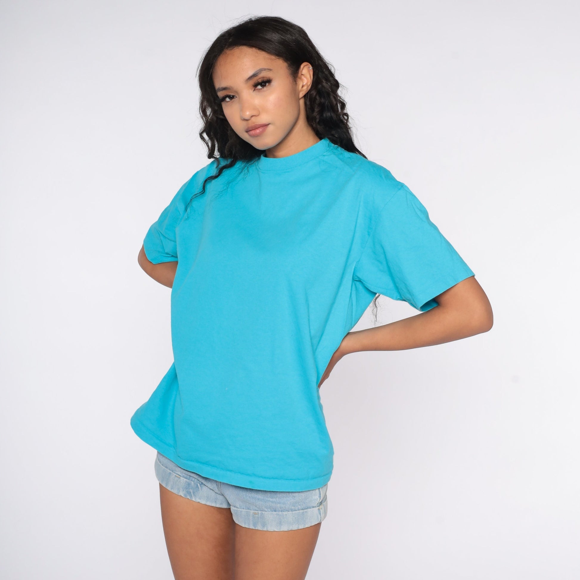80s Blue Single Stitch Plain T-Shirt Cotton Crewneck Large L