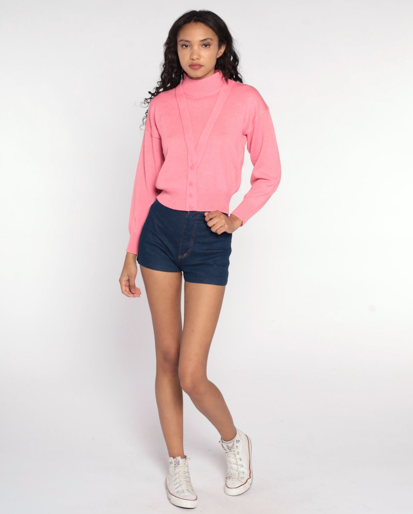 80s Pink Mock Neck Sweater Knit Pullover Small Medium