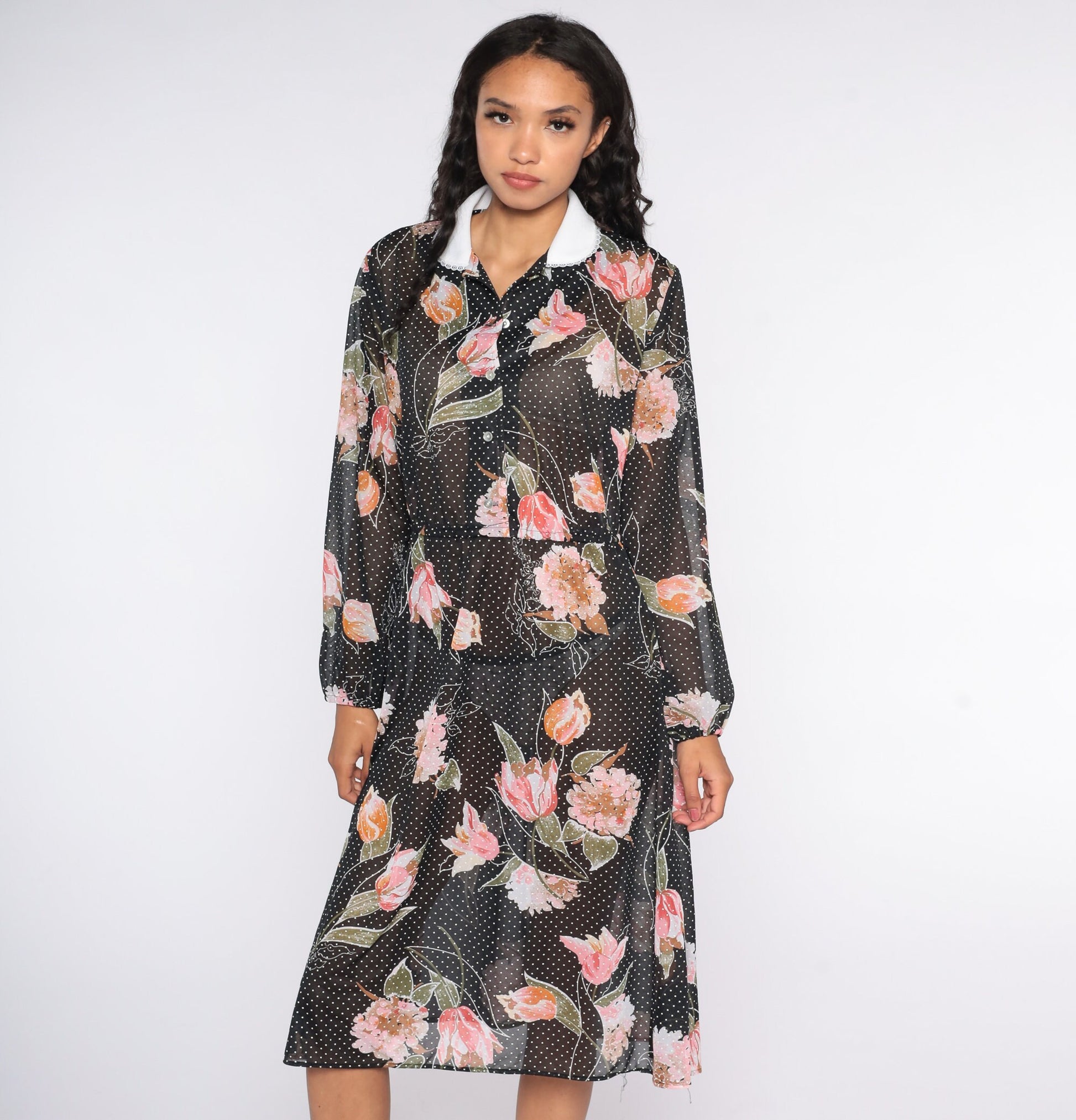 80s Black Floral Sheer Midi Dress Long Sleeve Button Up High Waist Large