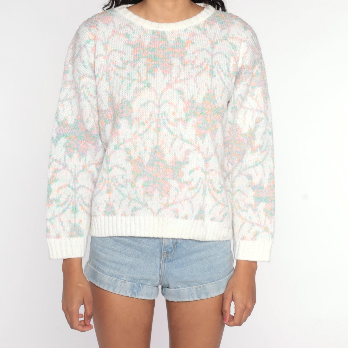 80s Geometric Leaf Knit Sweater White Pastel Pullover Medium