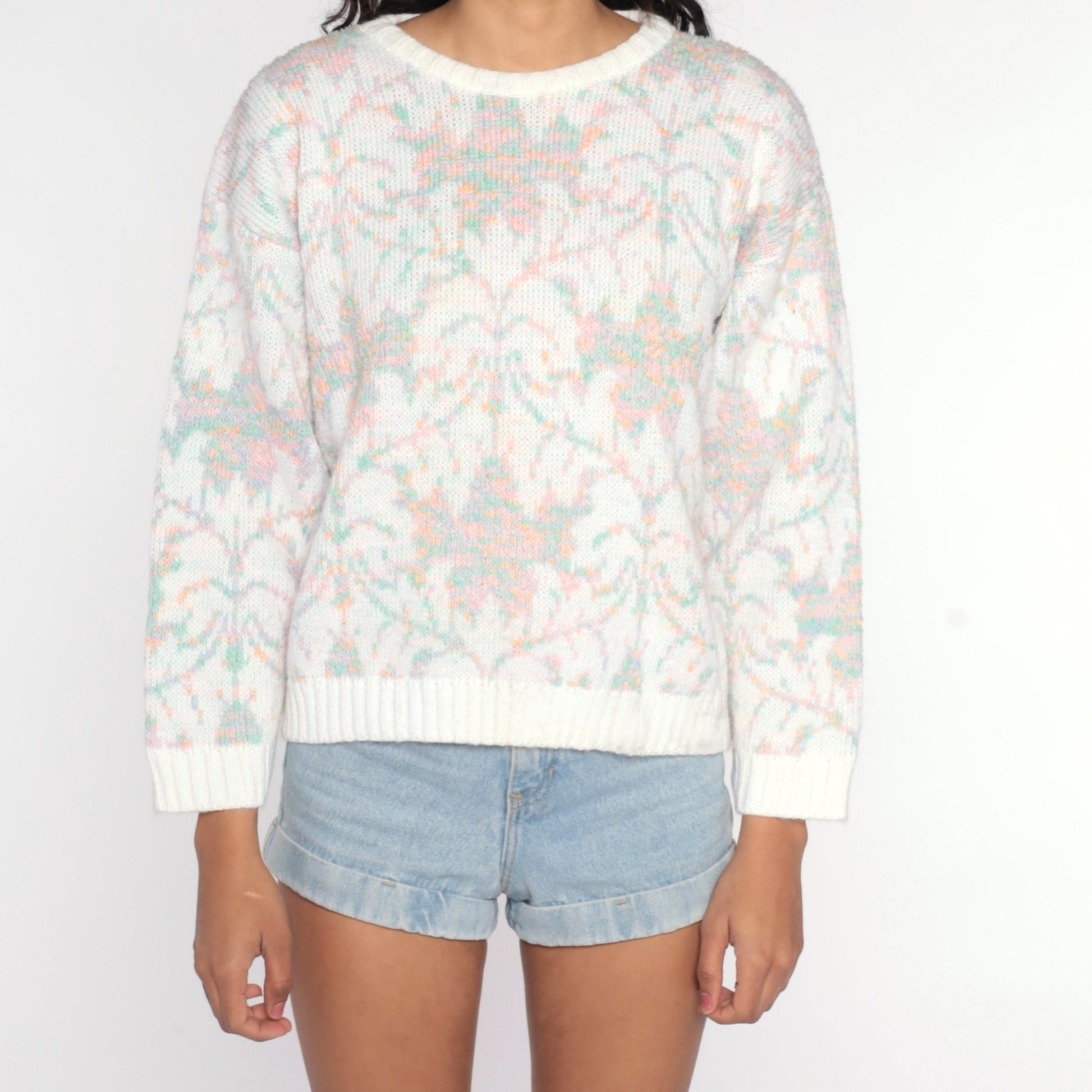 80s Geometric Leaf Knit Sweater White Pastel Pullover Medium