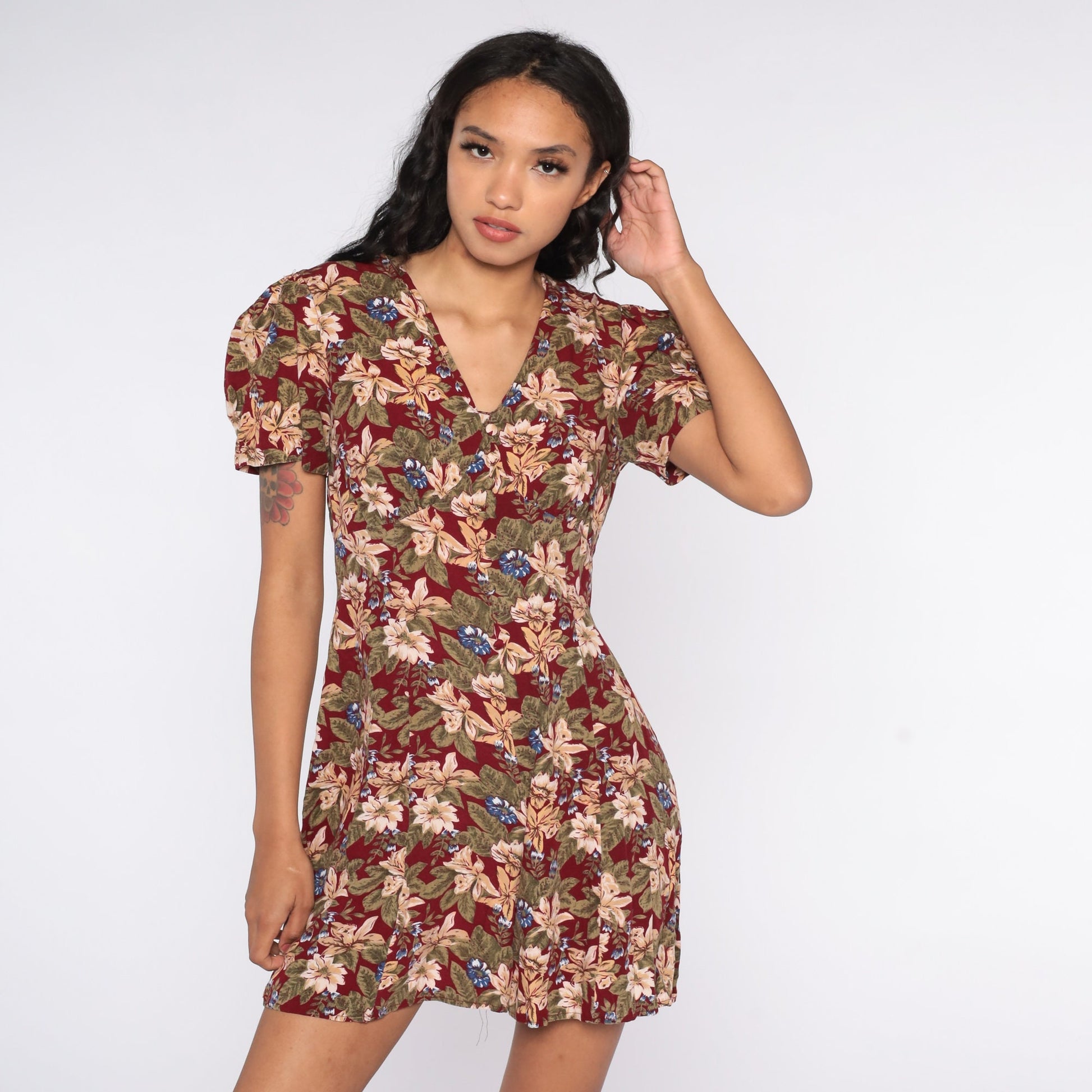 90s Burgundy Floral Romper Wide Leg Empire Waist Playsuit Small