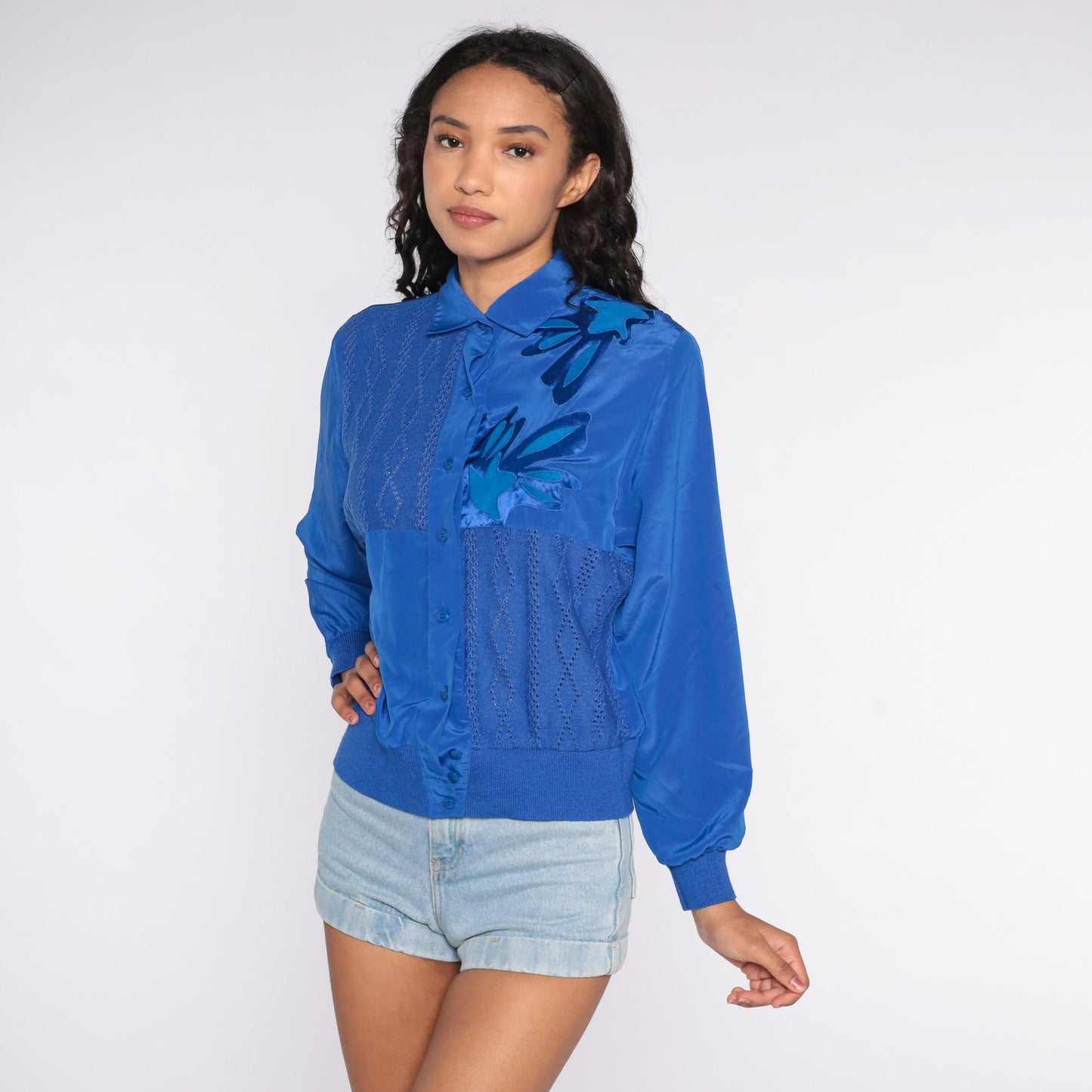 80s Royal Blue Cutout Blouse Abstract Button-Up Long Sleeve Small S