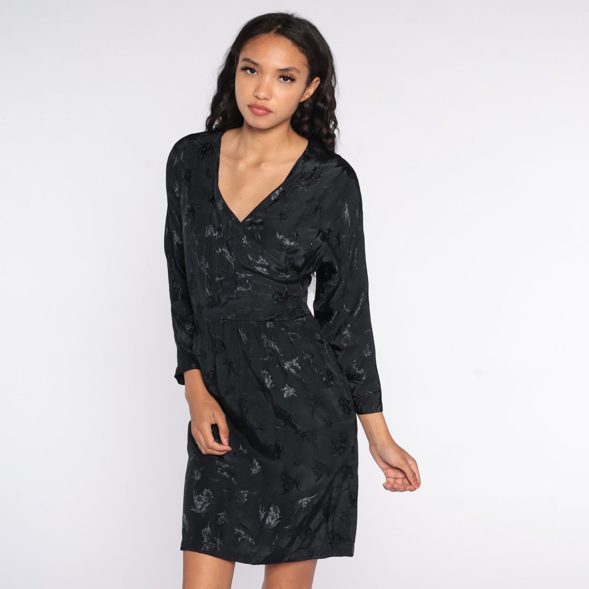 80s Black Floral Embossed Mini Wrap Dress High Waisted V Neck Small S