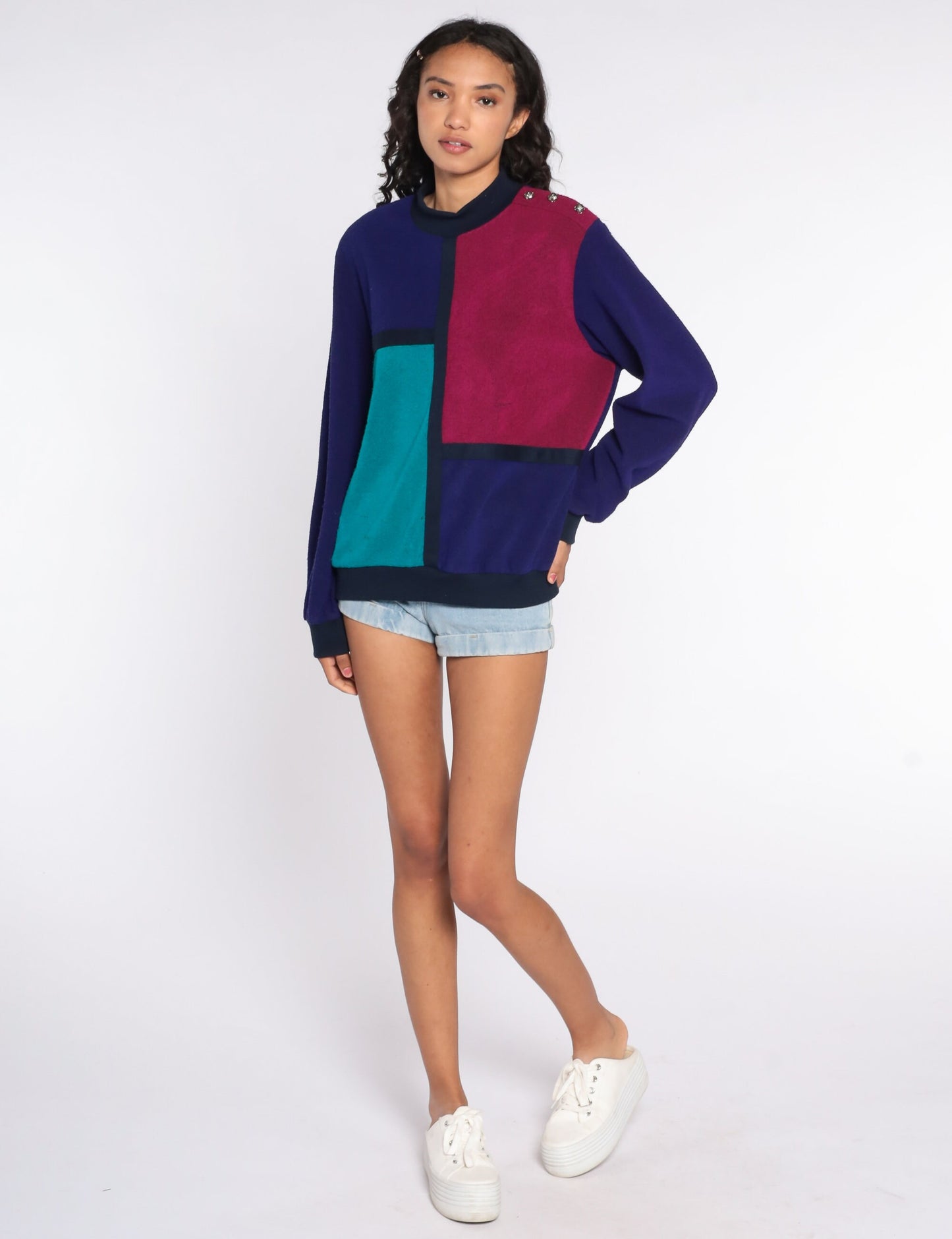 80s Color Block Sweatshirt Purple Turquoise Crewneck Pullover Medium