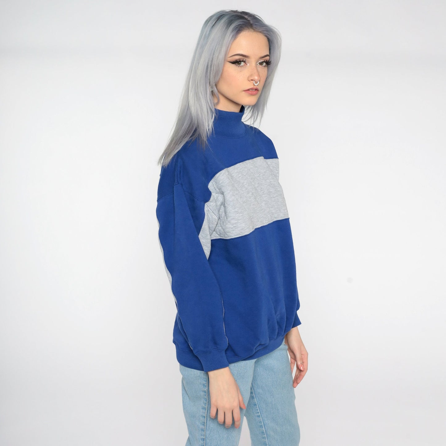 90s Navy Blue Grey Quilted Color Block Sweatshirt Funnel Neck Small
