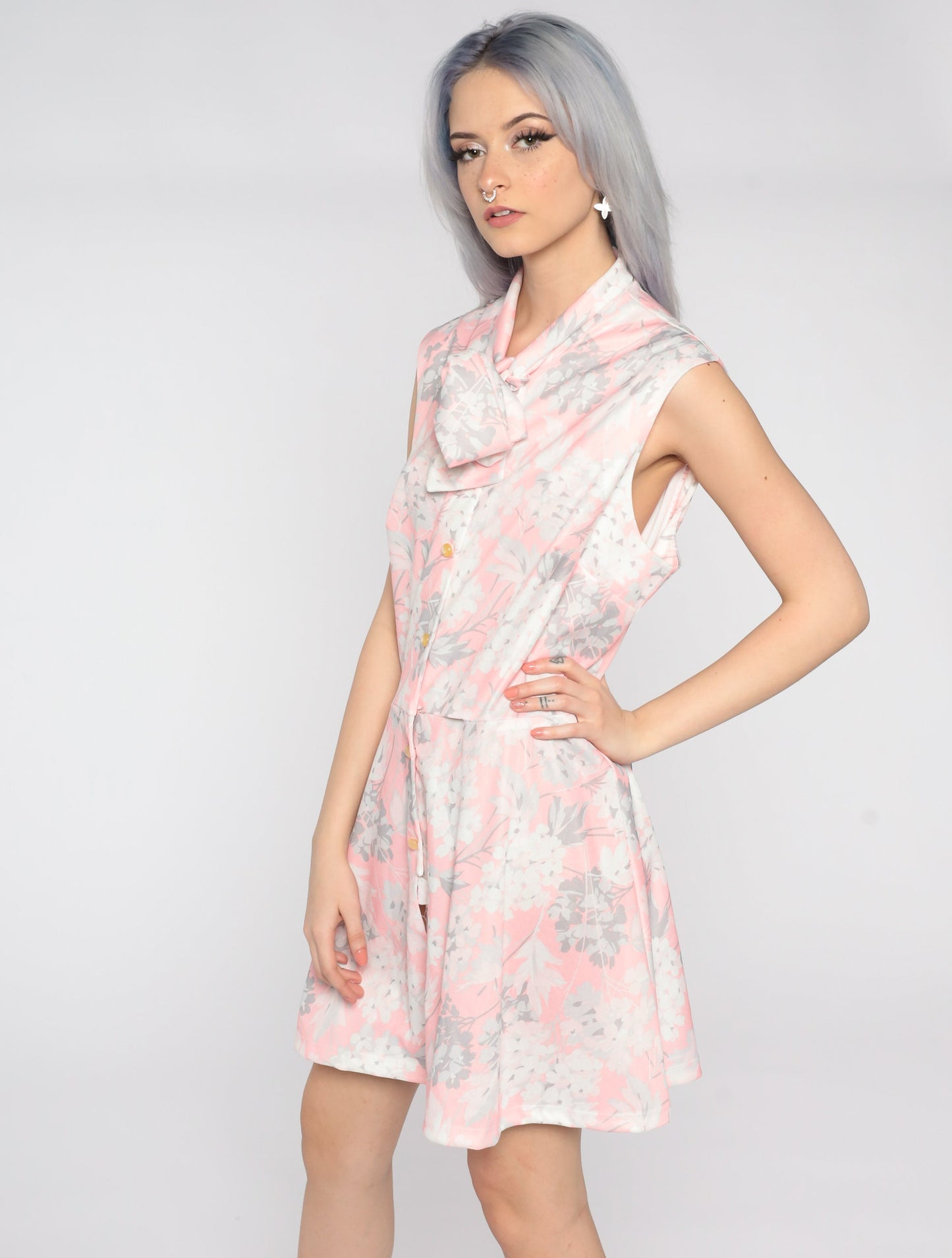 70s Floral Mini Dress Pink White Grey Button-Up High Waist Sleeveless Extra Large
