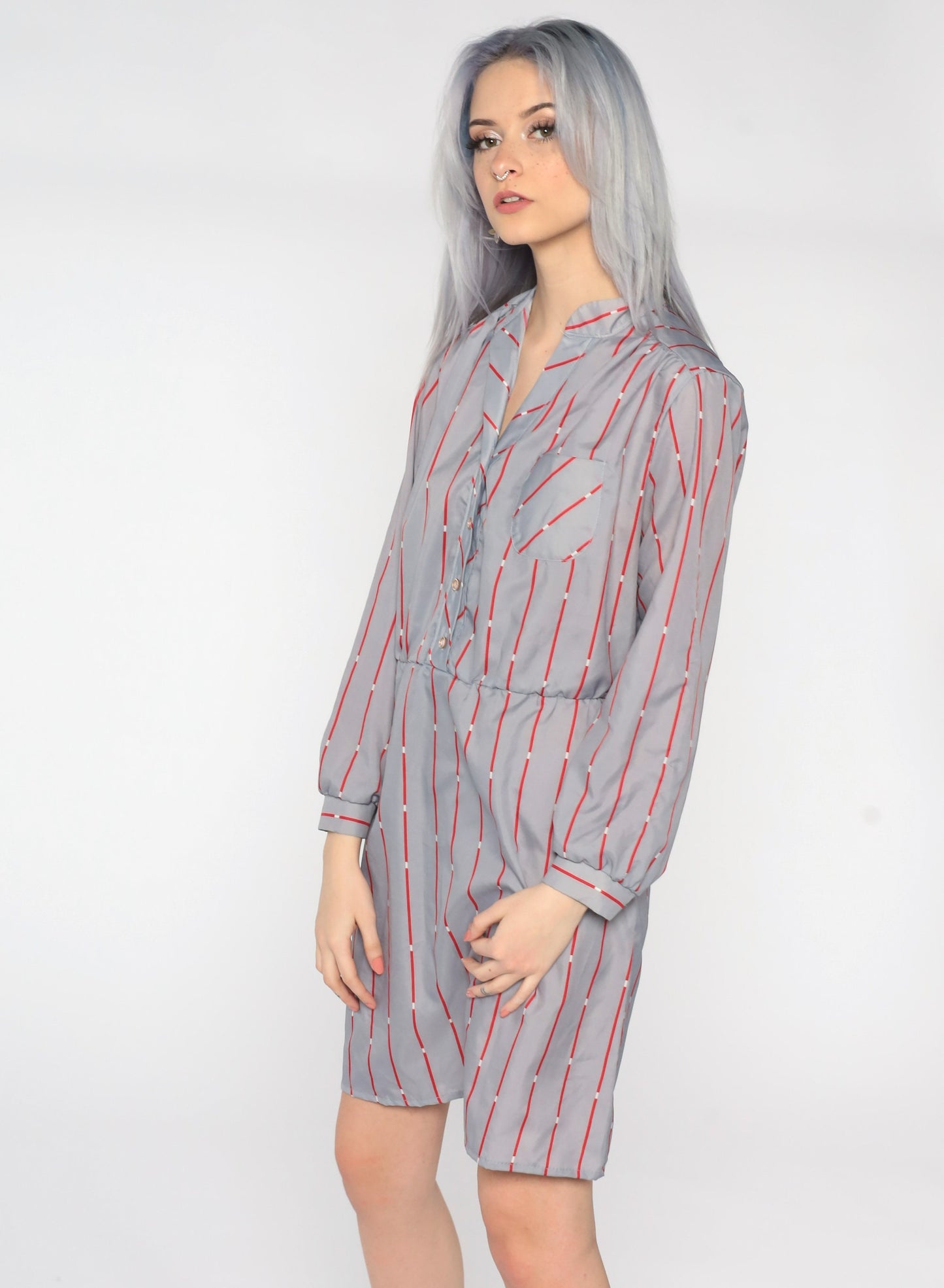 80s Striped Button-Up Mini Dress Grey Red Shirtdress Medium