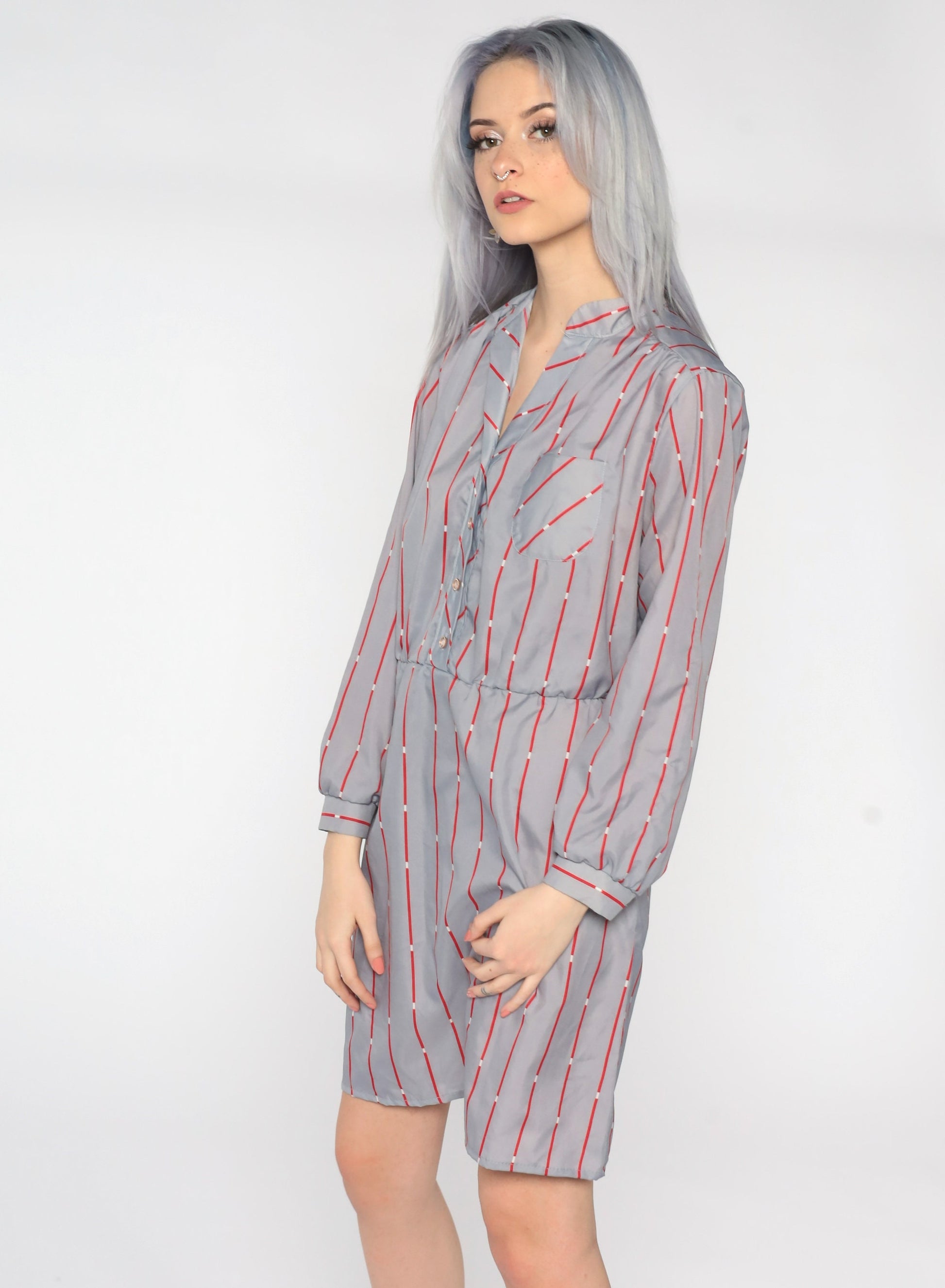 80s Striped Button-Up Mini Dress Grey Red Shirtdress Medium