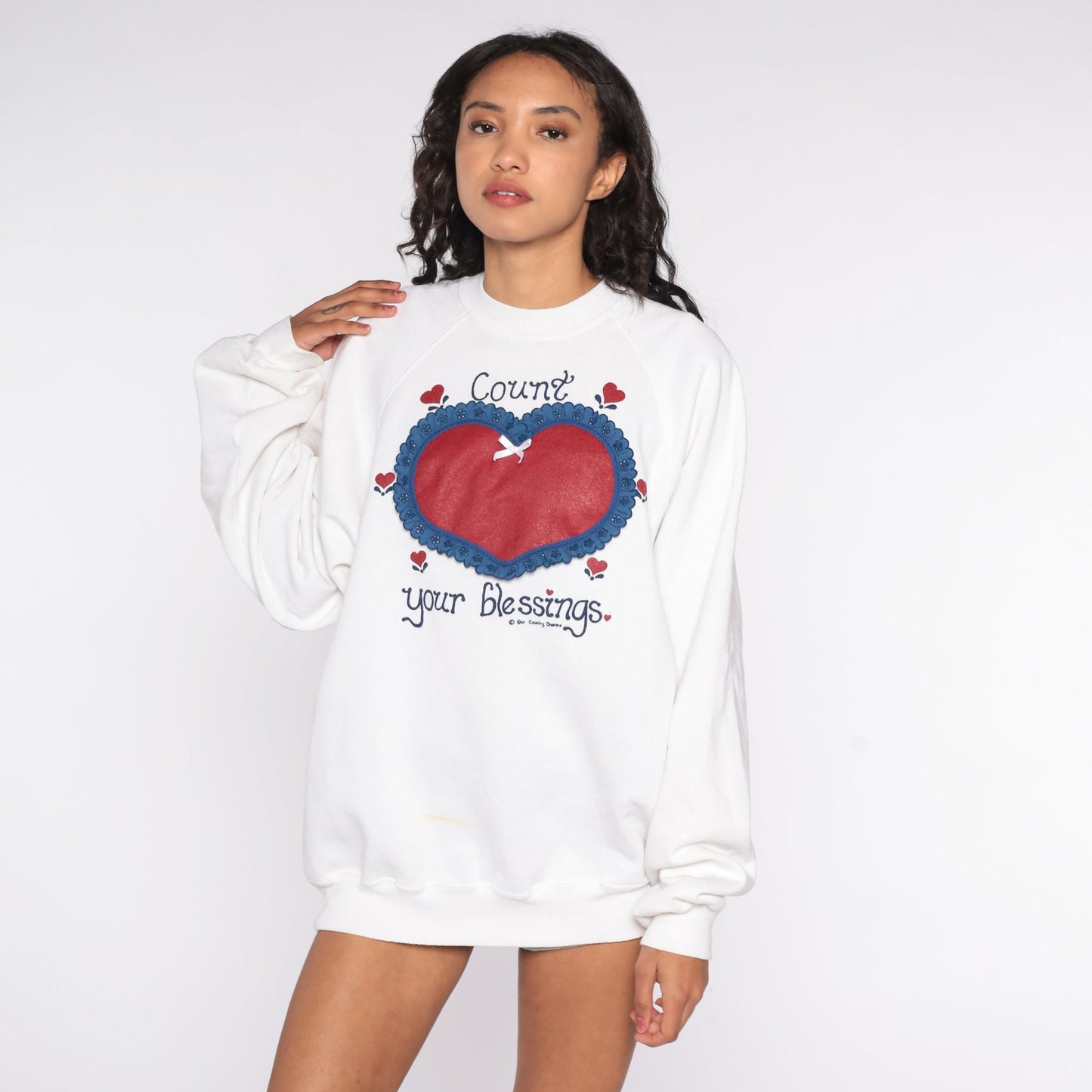 80s Heart Count Your Blessings Sweatshirt Novelty Raglan Extra Large XL