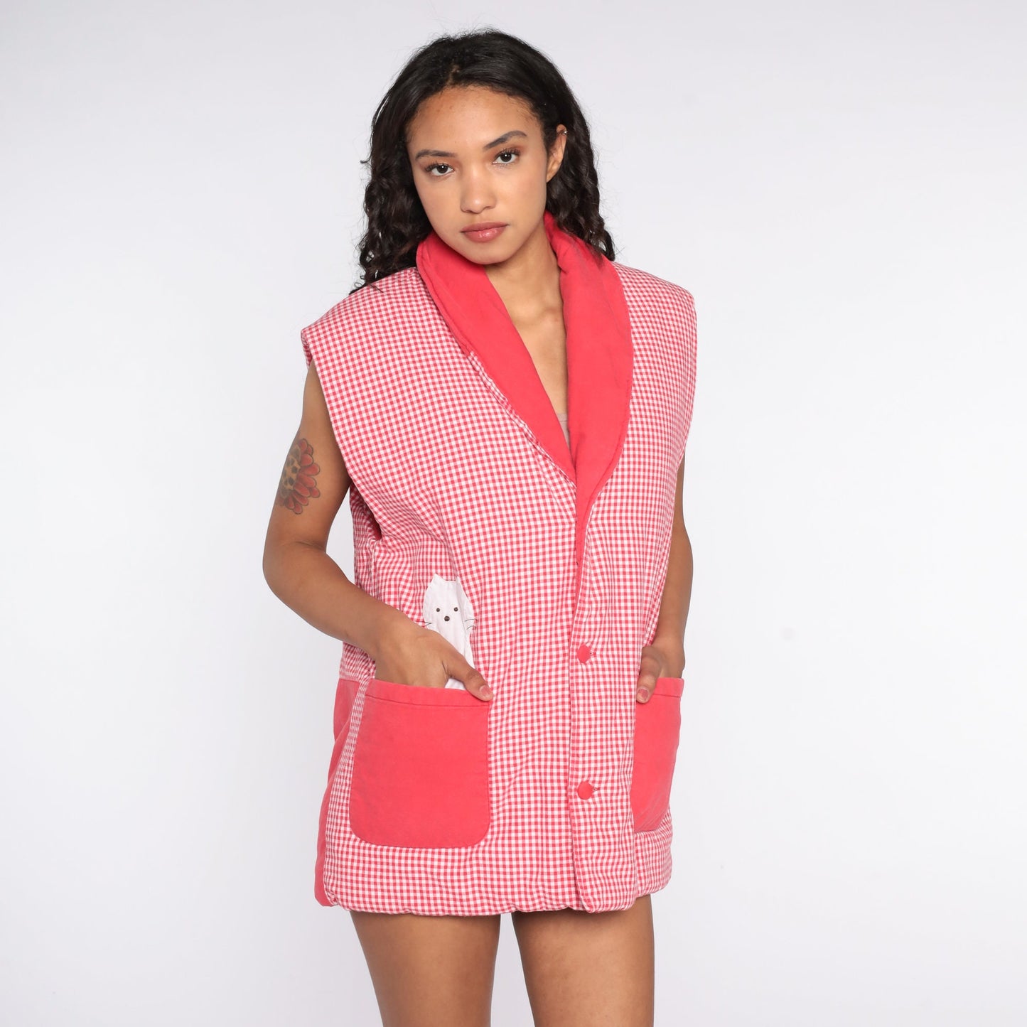 80s Cat Gingham Quilted Vest Red Checkered Button Up Extra Large XL