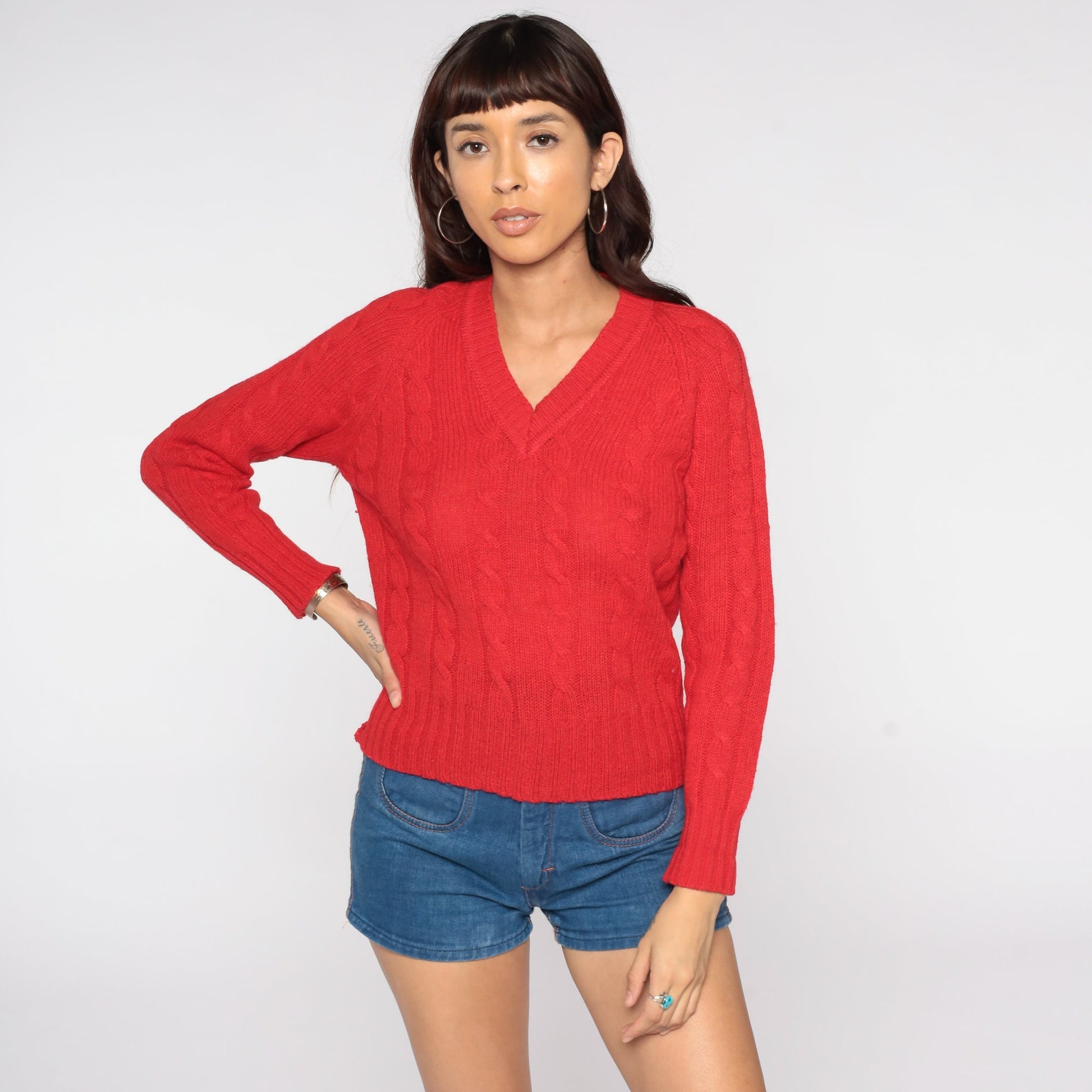 70s Red Wool Cable Knit Sweater Pullover Small Medium