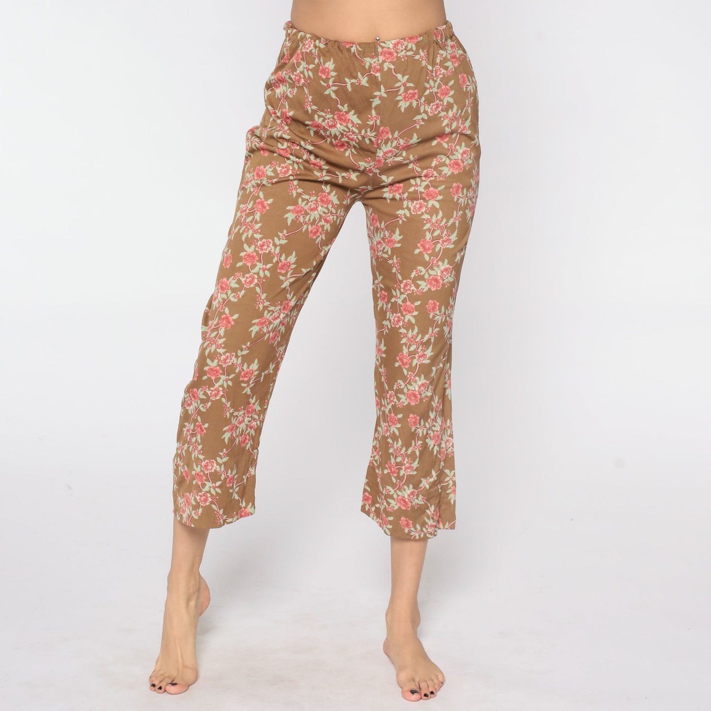 80s Floral Trousers Brown Pink Print High Waist Straight Leg Small