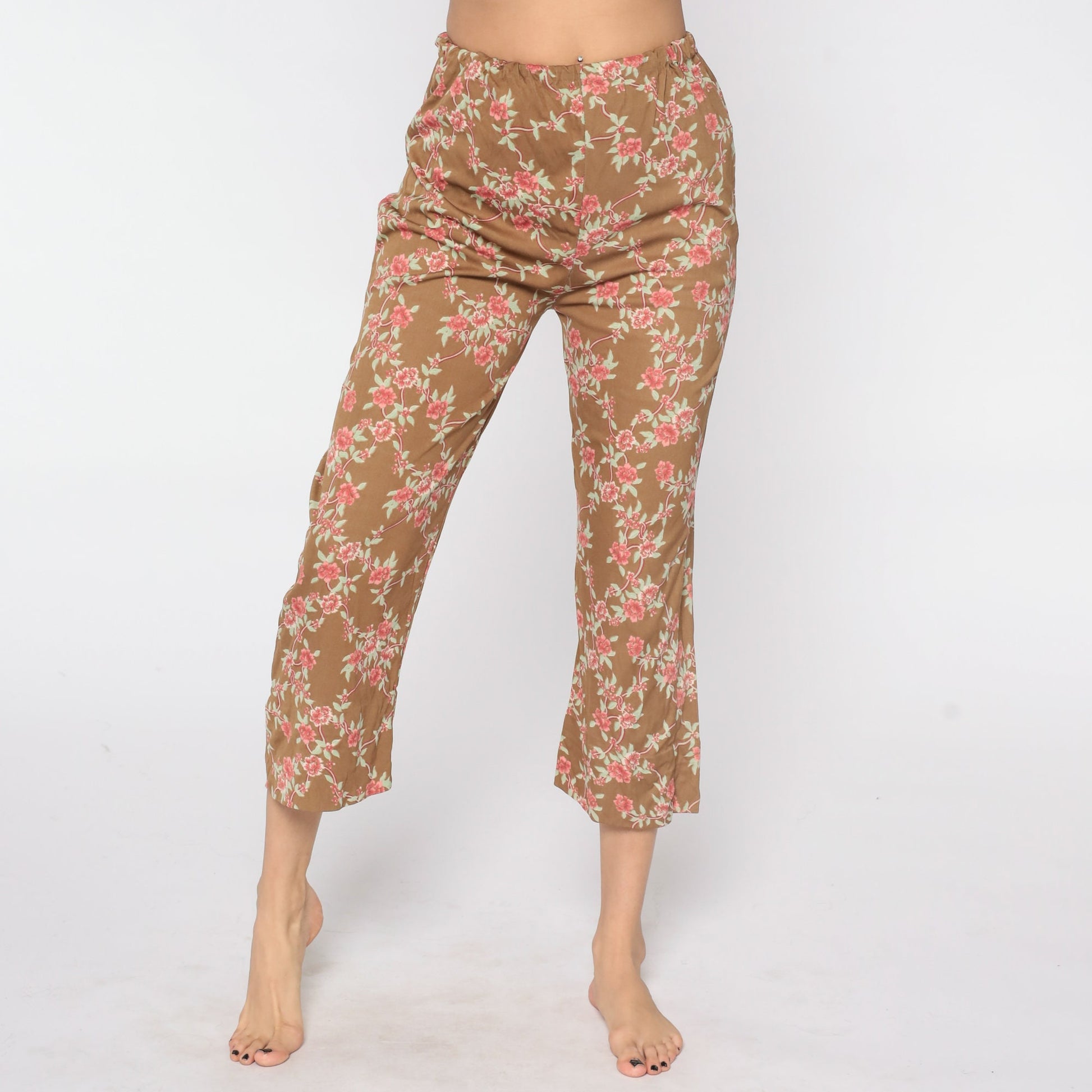 80s Floral Trousers Brown Pink Print High Waist Straight Leg Small