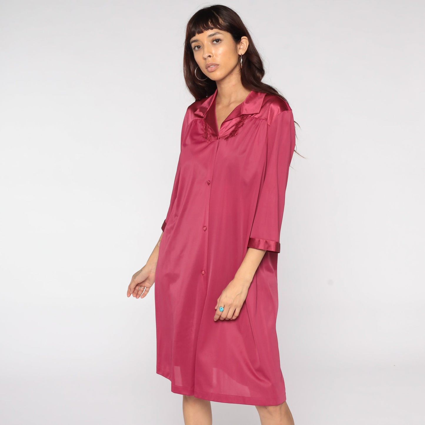80s Raspberry Nylon Pajama Dress Floral Embroidery Button Front Midi Large L