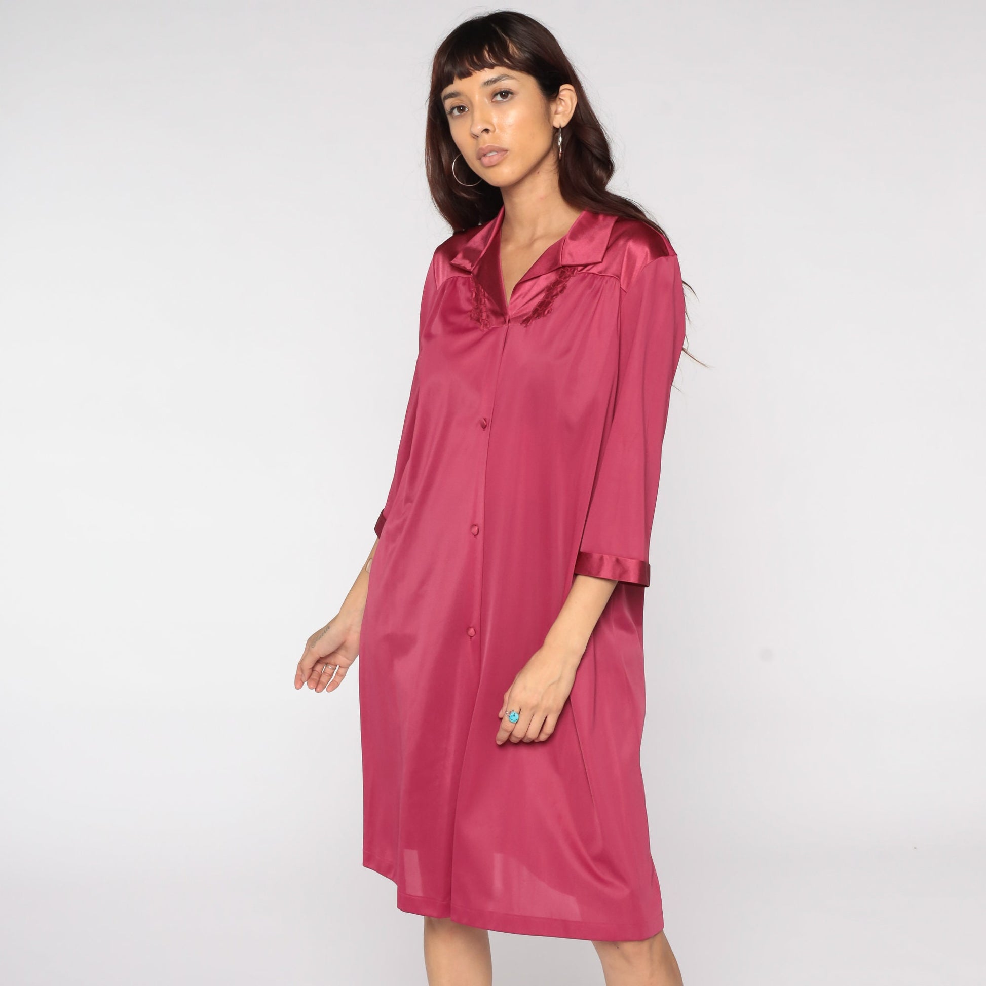 80s Raspberry Nylon Pajama Dress Floral Embroidery Button Front Midi Large L