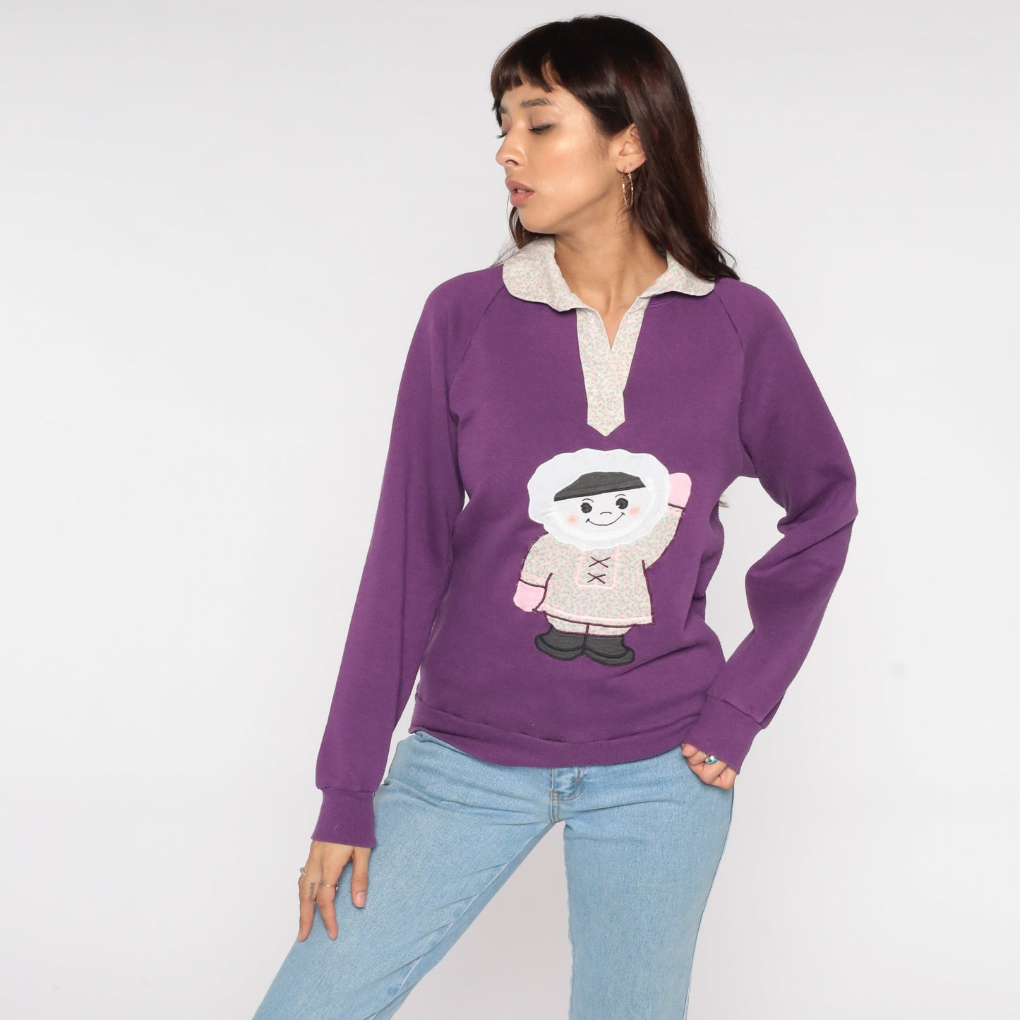 80s Jerzees Sweatshirt Purple Graphic Collared Crewneck Small