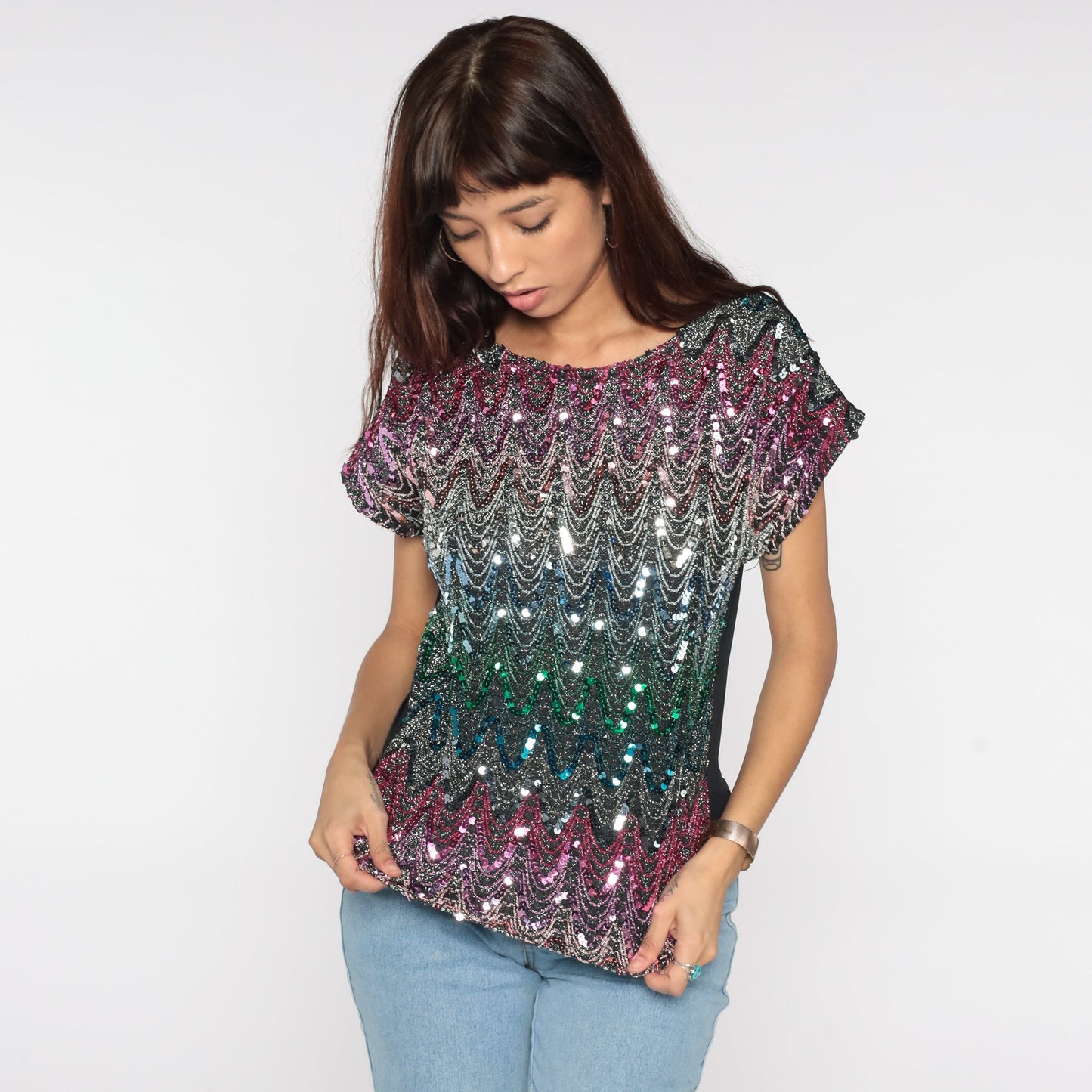 80s Sequin Beaded Blouse Cap Sleeve Black Metallic Pink Blue Green Small Medium