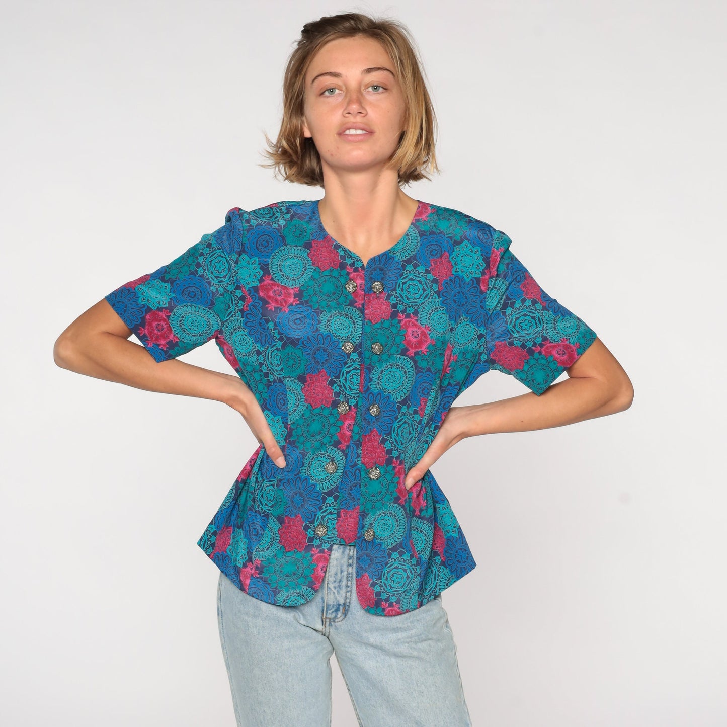 80s Leslie Fay Geometric Button Up Shirt Blue Short Sleeve Medium