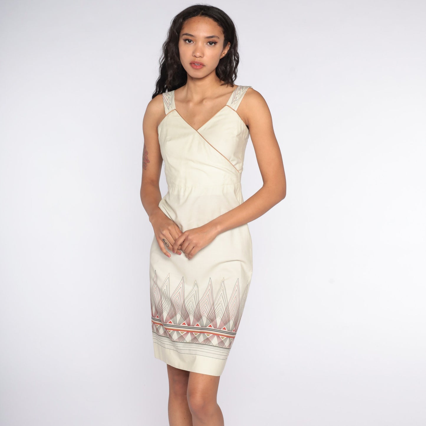 70s Cream Geometric Stripe Mini Dress Sleeveless High Waist Extra Small