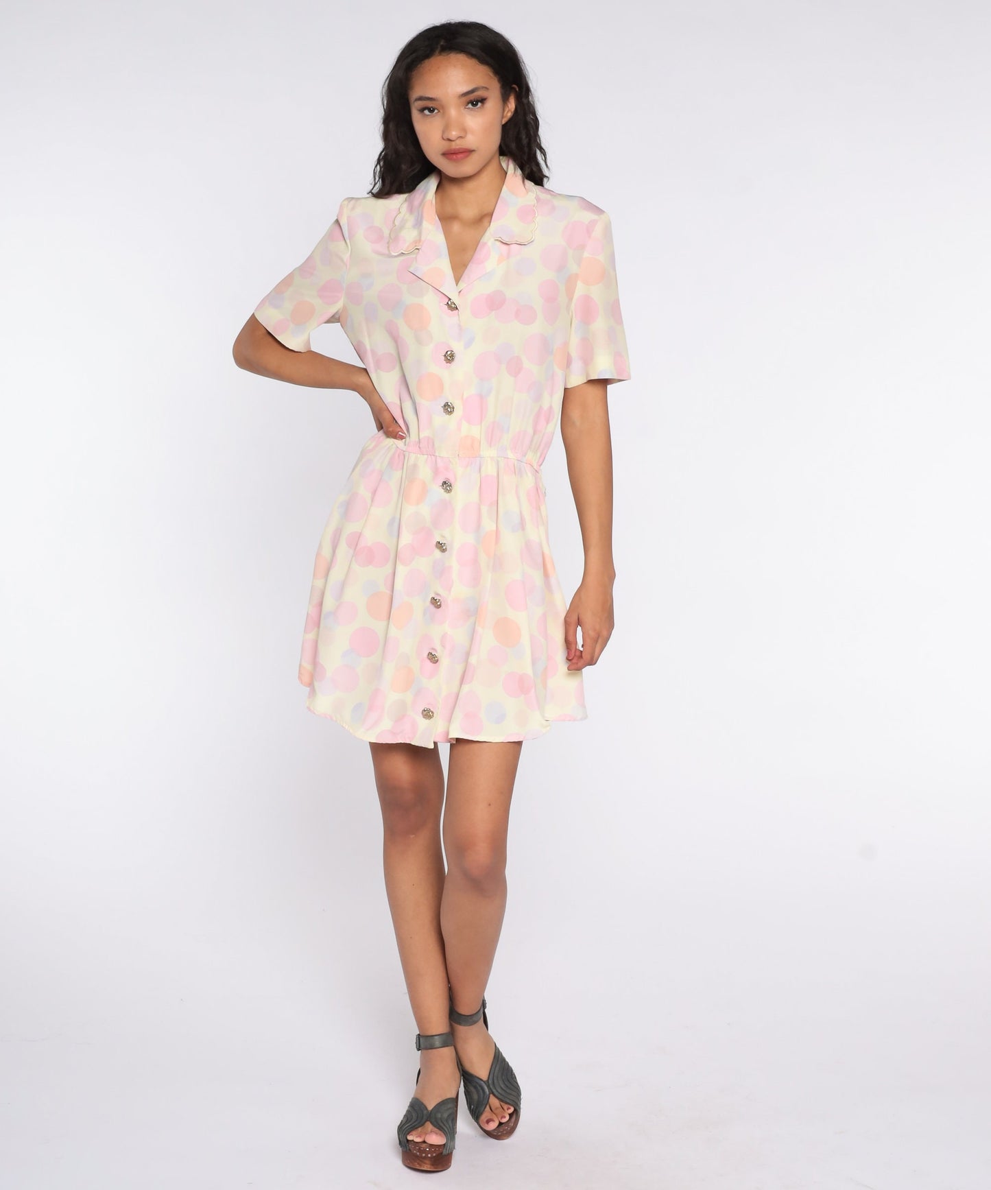 80s Polka Dot Button-Up Mini Dress High Waist Pink Purple Medium Large