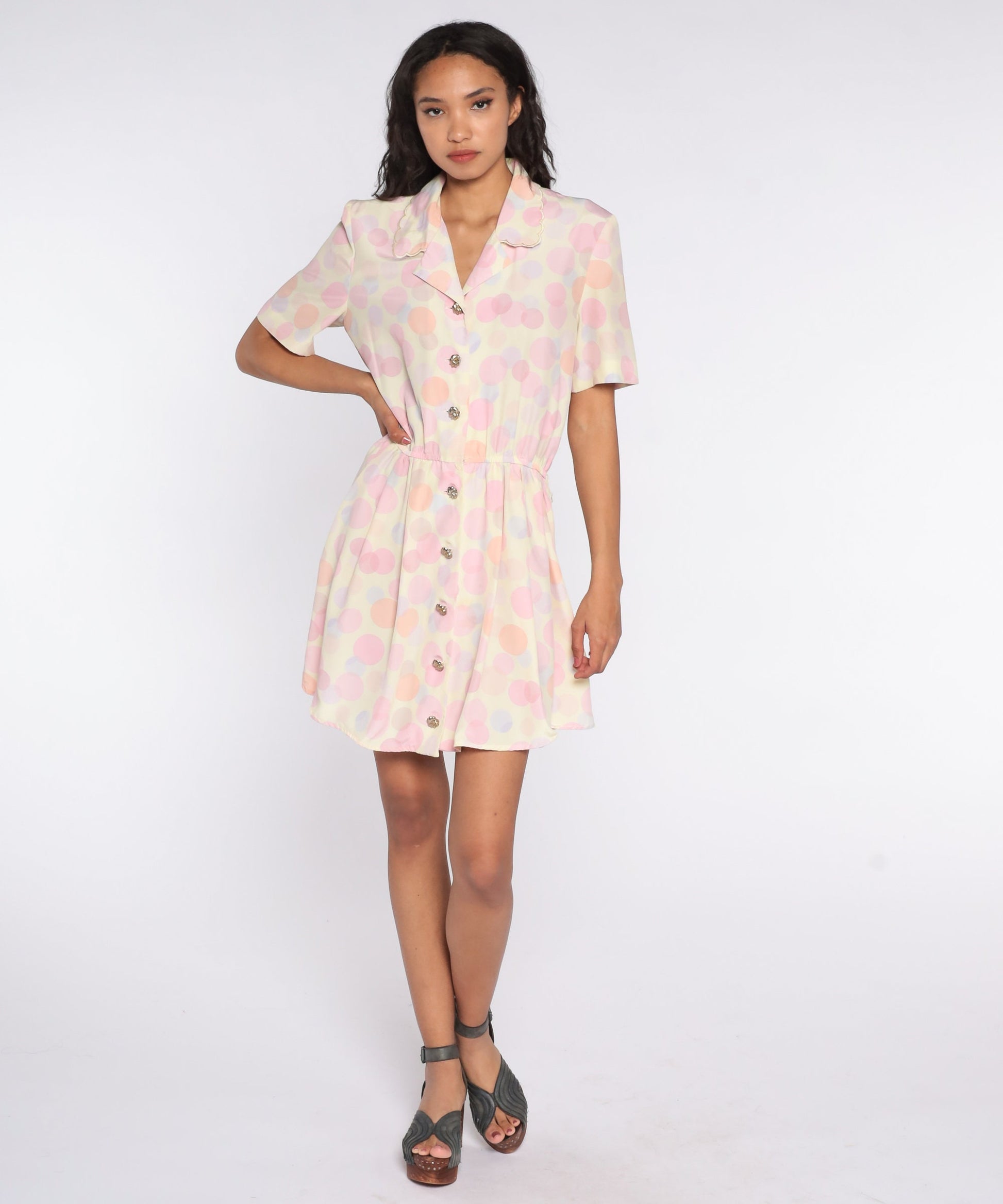 80s Polka Dot Button-Up Mini Dress High Waist Pink Purple Medium Large