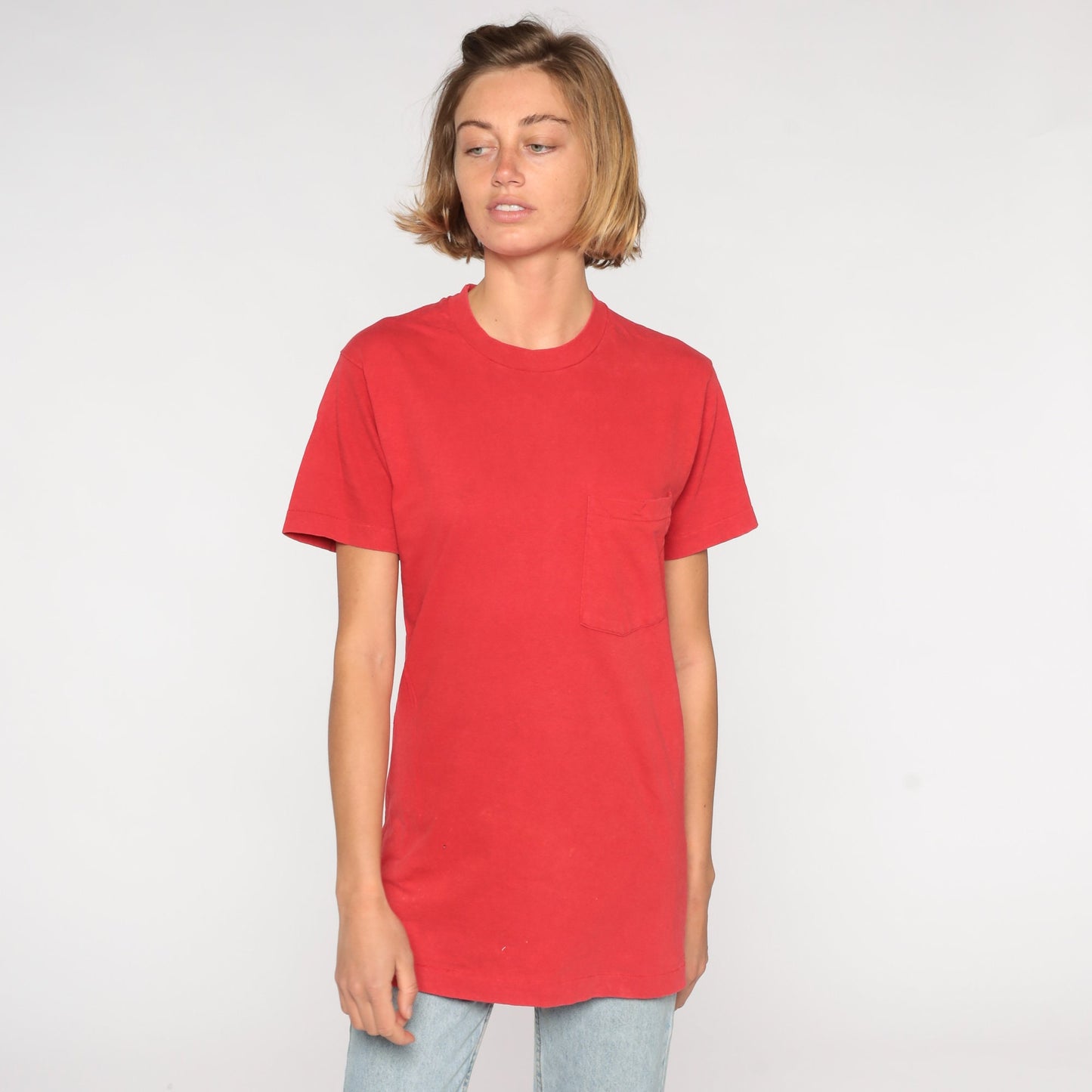 80s Red Cotton Pocket T-Shirt Plain Tee Small S