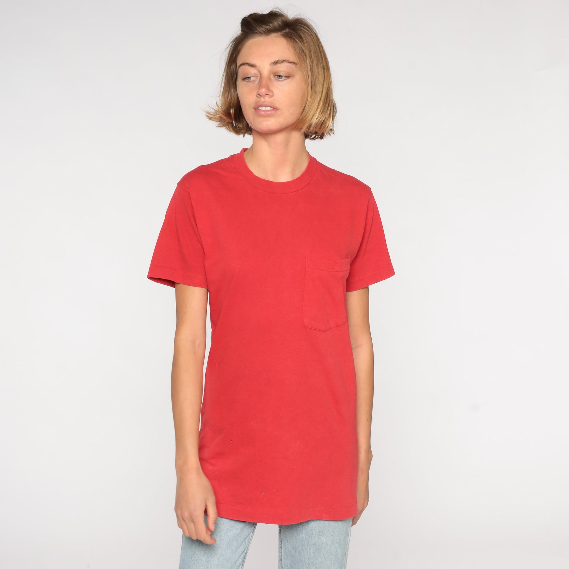 80s Red Cotton Pocket T-Shirt Plain Tee Small S