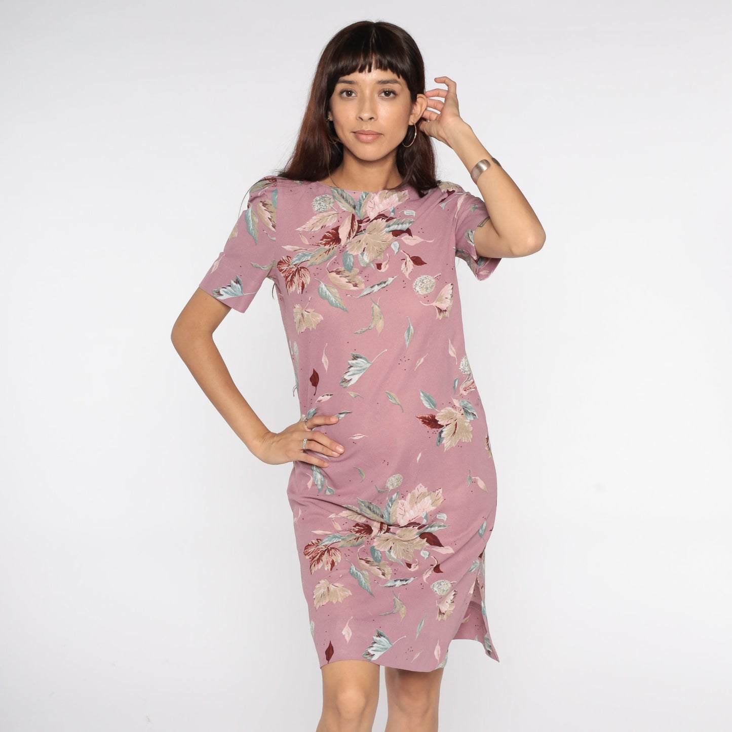80s Purple Floral Puff Sleeve Dress Knee-Length Small Medium