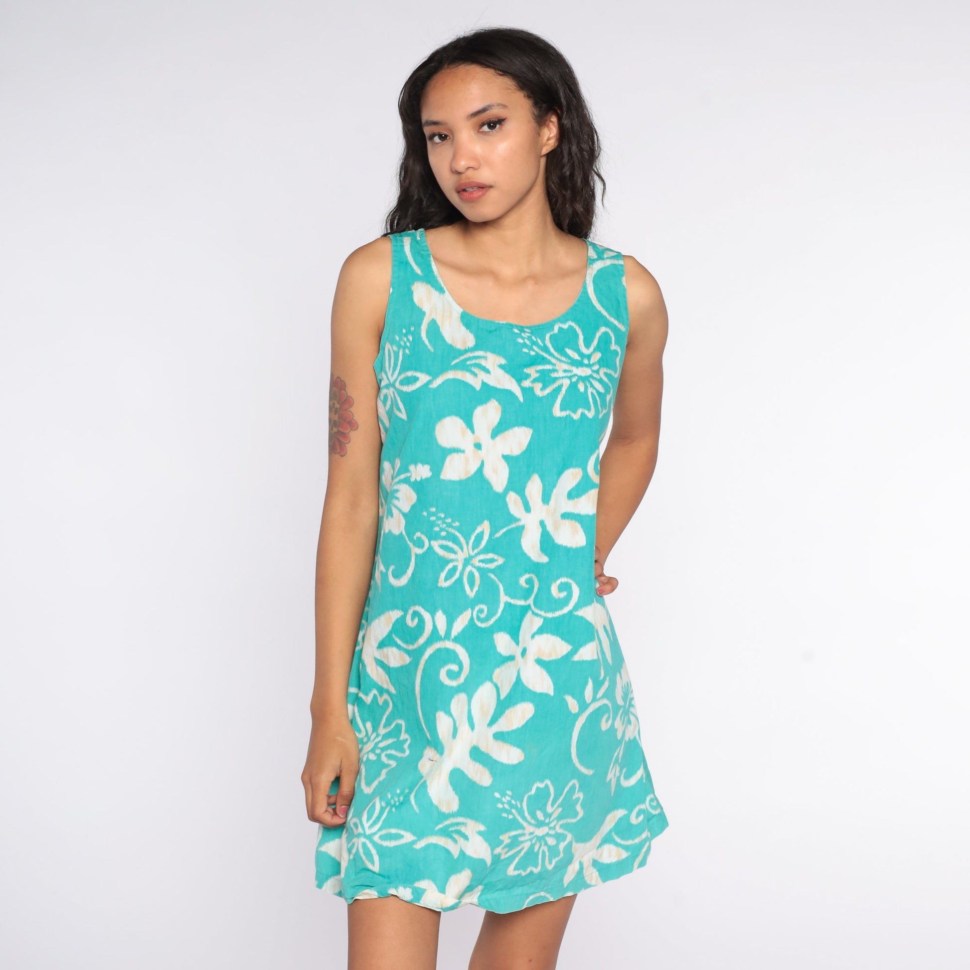 90s Reyn Spooner Hawaiian Mini Dress Turquoise Floral Cotton Medium