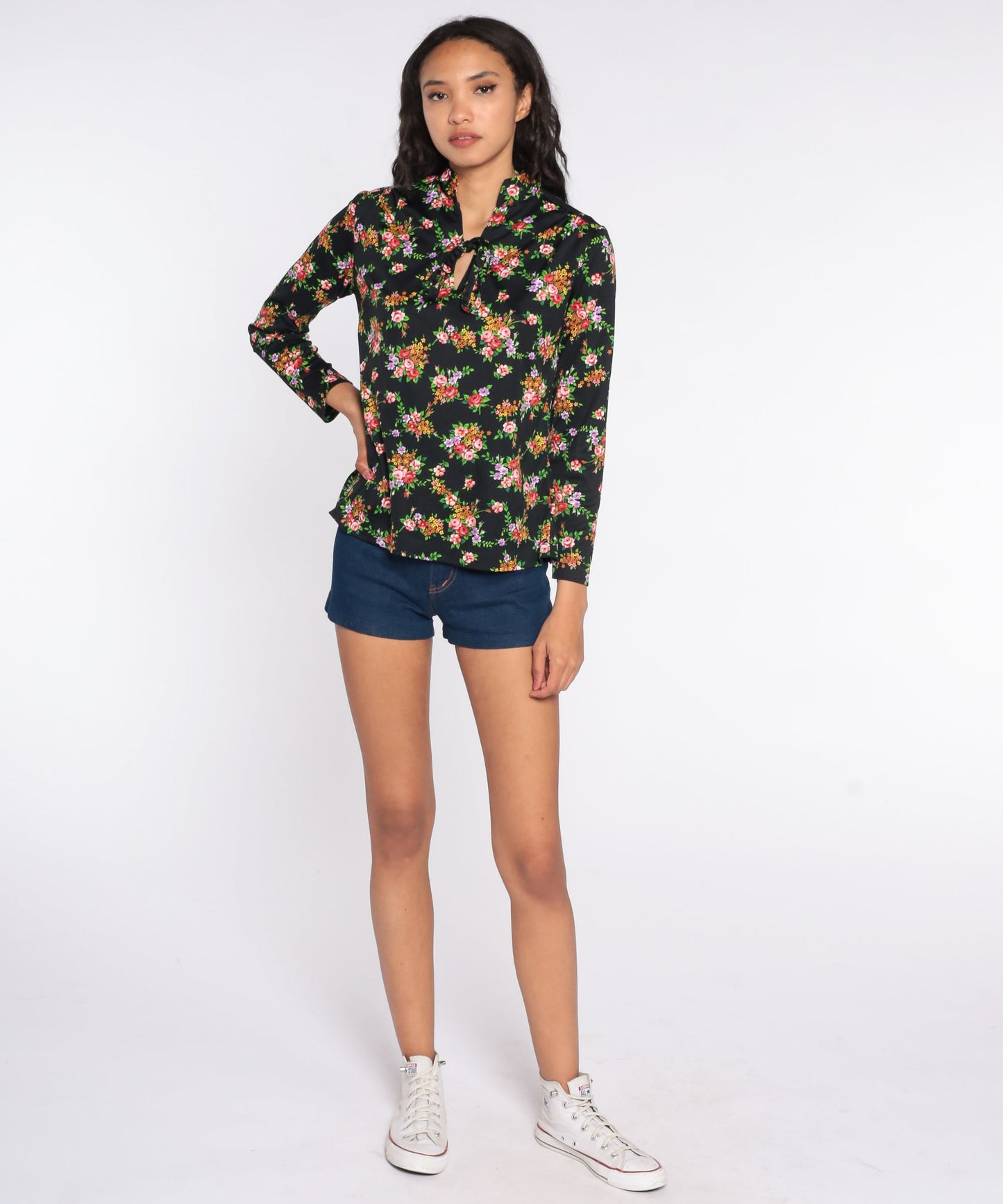70s Black Floral Ascot Blouse Long Sleeve Neck Tie Top Large L