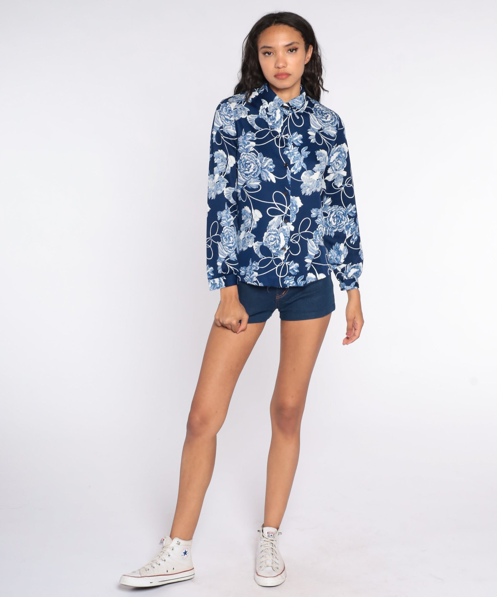 70s Blue Floral Button-Up Shirt Long Sleeve Disco Blouse Small S