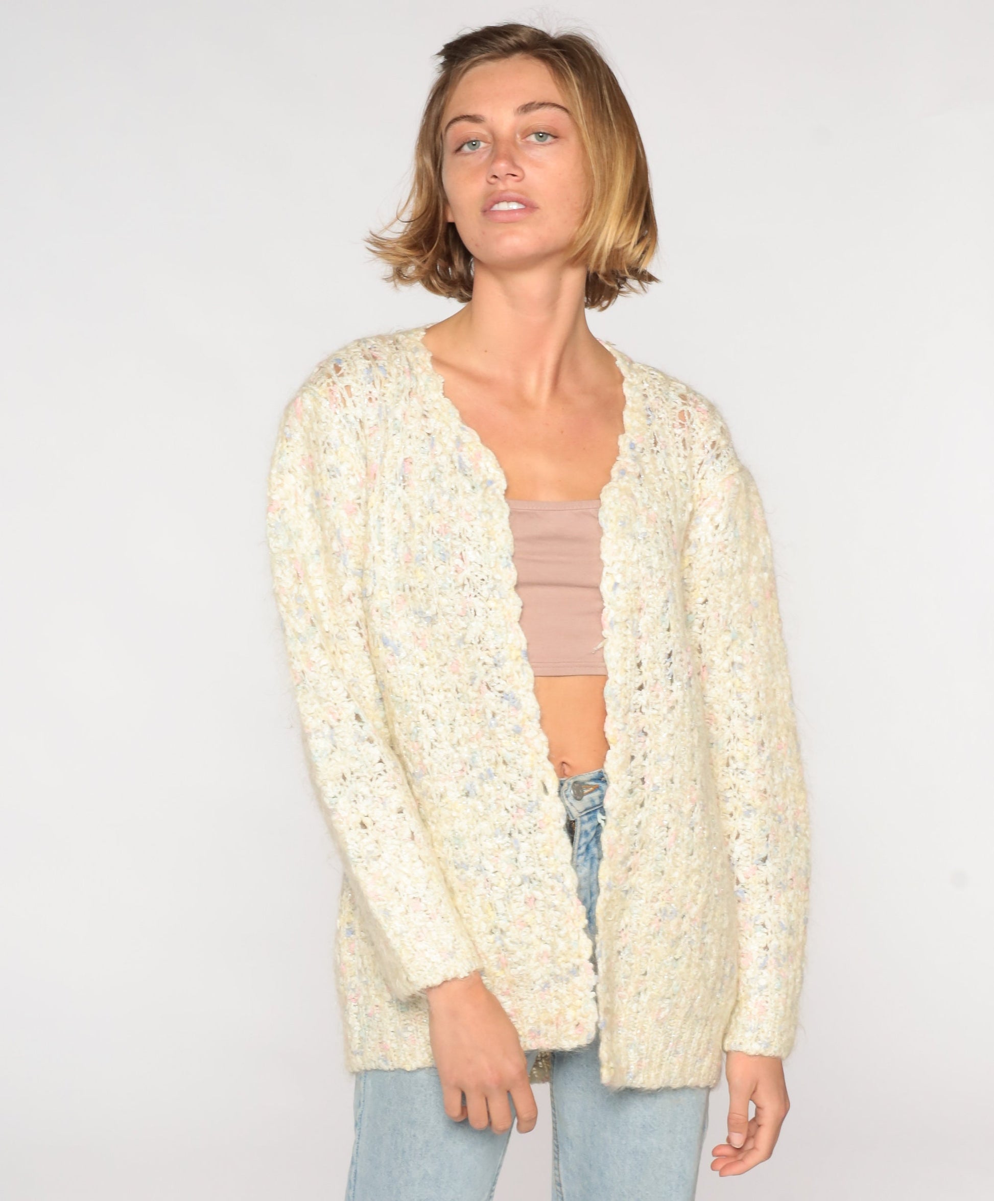 70s Cream Flecked Open Weave Cardigan Sweater Knit Medium Large