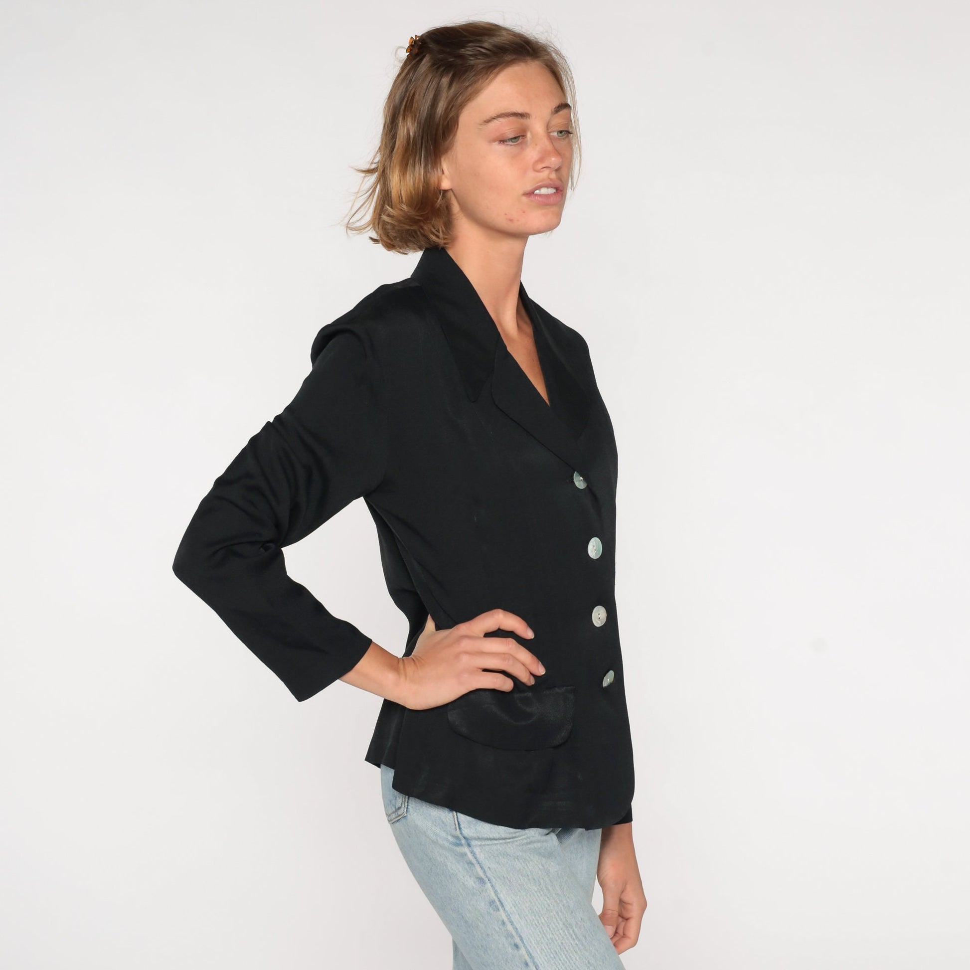 90s Black Blazer Four Button Structured Jacket Small S